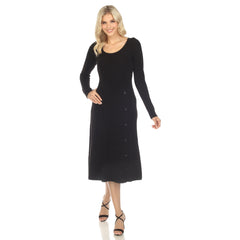 Women's Crew Neck Fit and Flare Sweater Midi Dress