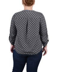 Plus Size 3/4 Roll Tab Sleeve Y-Neck Blouse