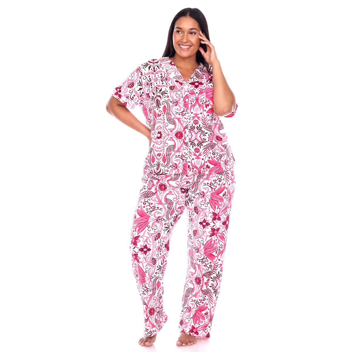  White Mark Plus Size Short Sleeve & Pants Tropical Pajama Set - 1X - Bonton