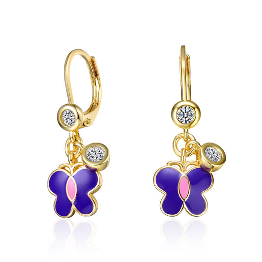 Kids 14k Gold Plated Purple Enamel Dangling Butterfly Earrings