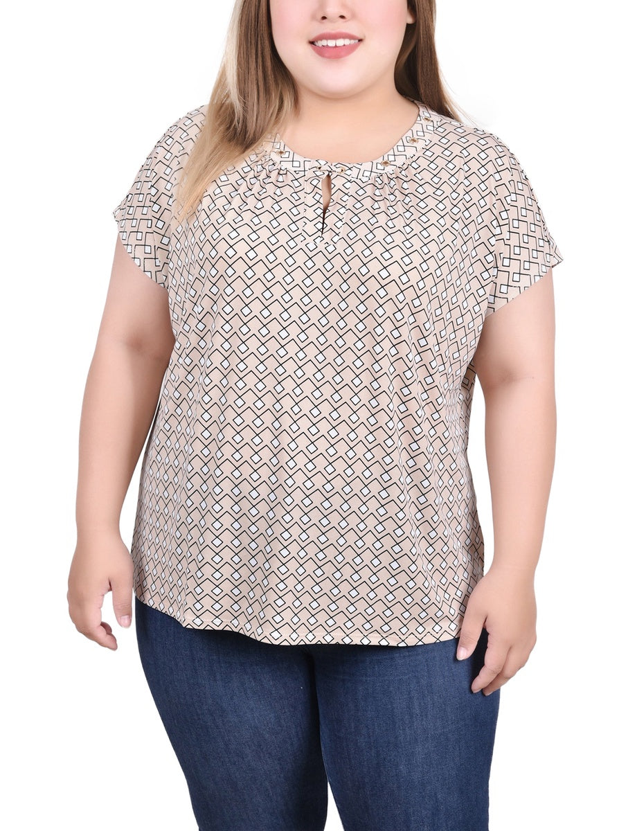  NY Collection Plus Size Extended Sleeve Top With Grommets - Black Blue Taupe Abstract - Bonton