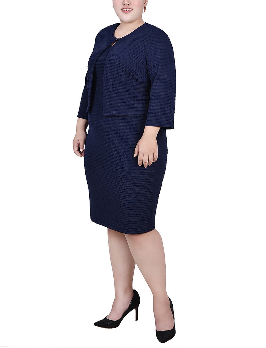  NY Collection Plus Size Textured 3/4 Sleeve 2 Piece Dress Set - Harbor Navy - Bonton