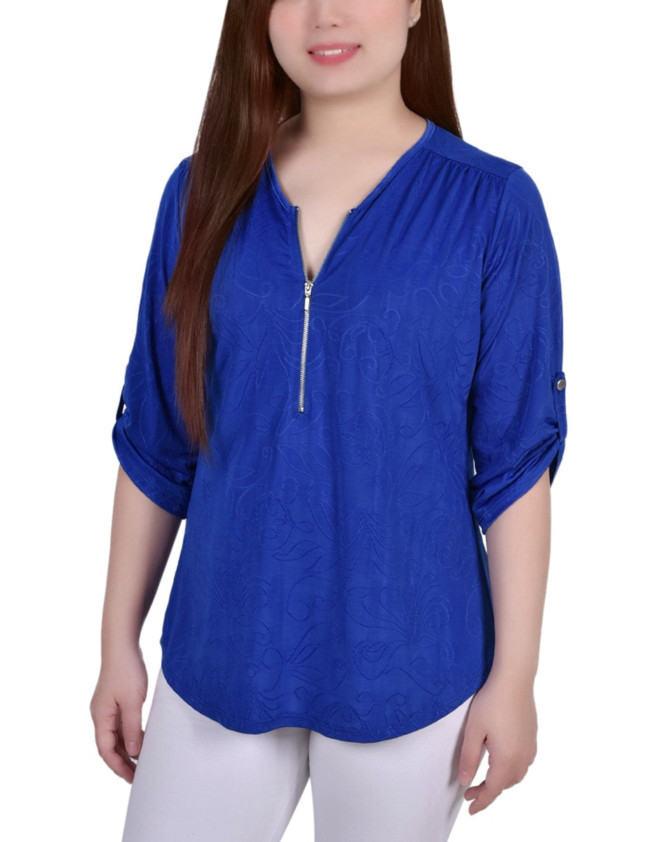  NY Collection 3/4 Roll Tab Zip Front Jacquard Knit Top - Red Sakadotduo - Bonton