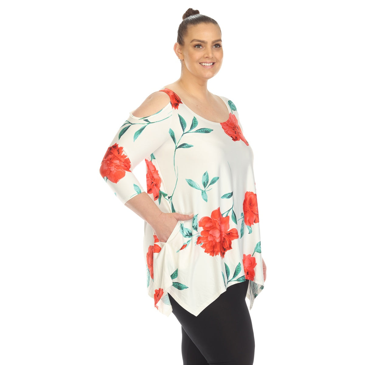  White Mark Plus Size Floral Printed Cold Shoulder Tunic - 1X - Bonton