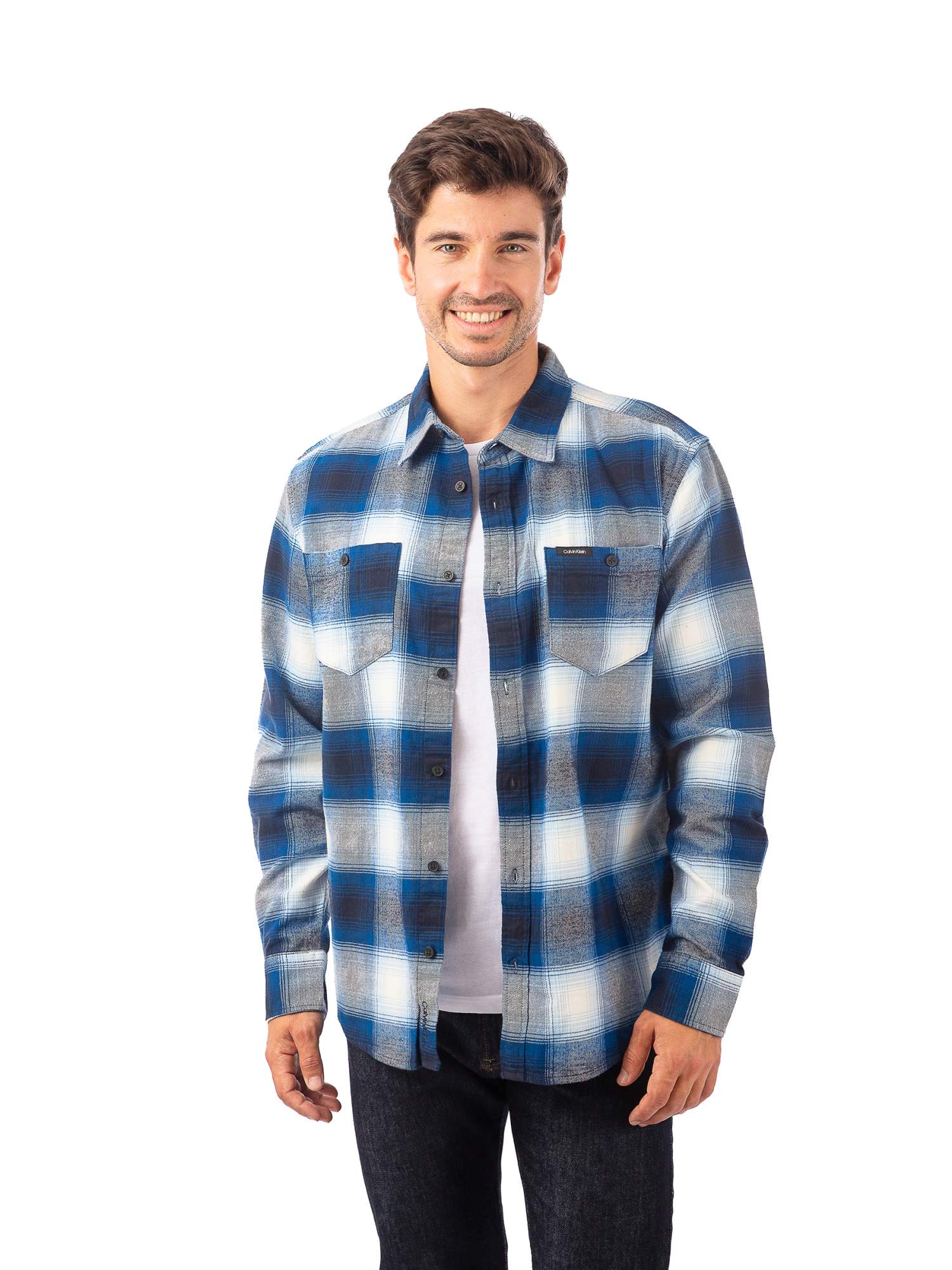  Calvin Klein Long Sleeves Iconic Patch Flannel Shirt - Dark Sapphire - Bonton