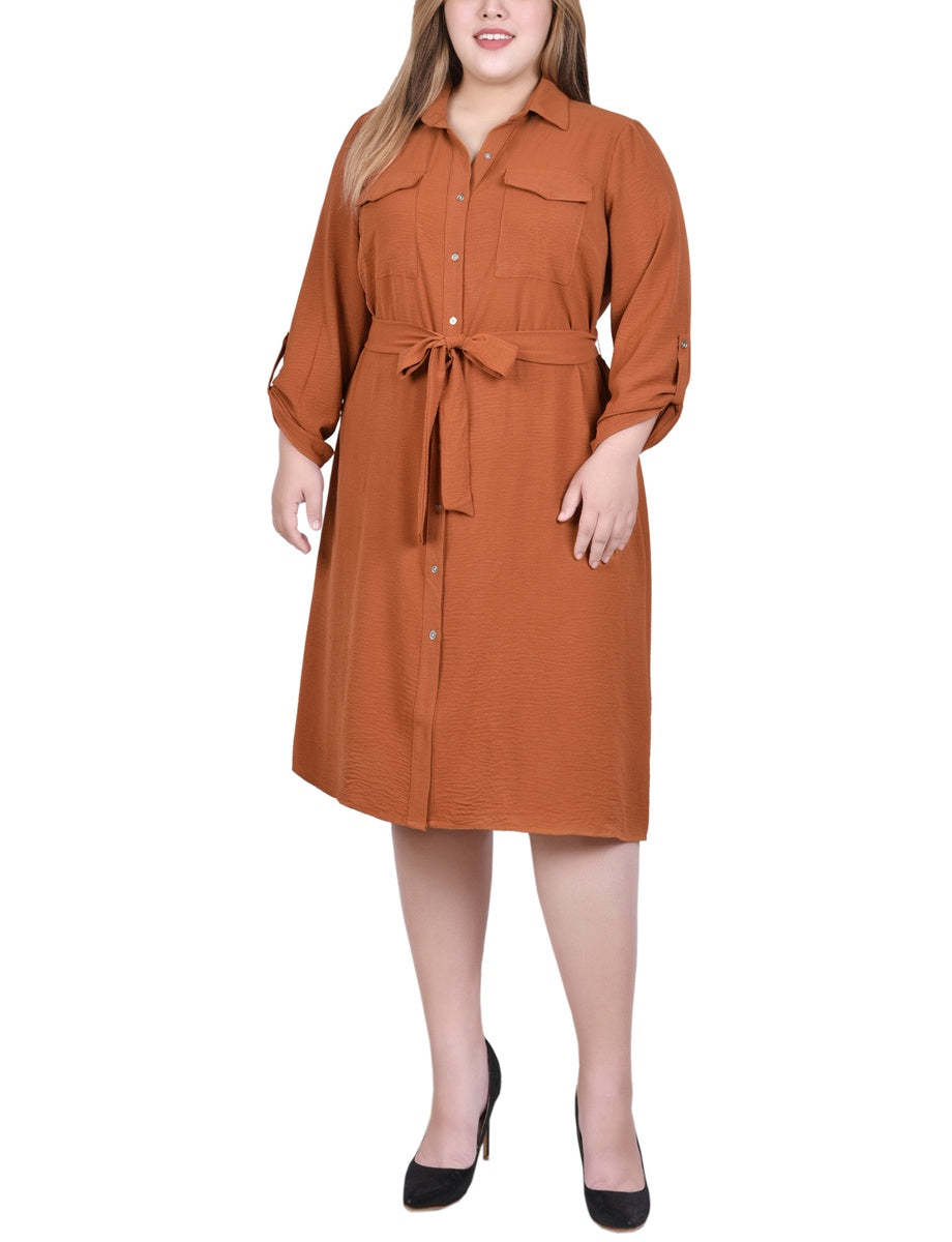  NY Collection Plus Size Long Roll Tab Sleeve Shirtdress - Burnt Olive - Bonton