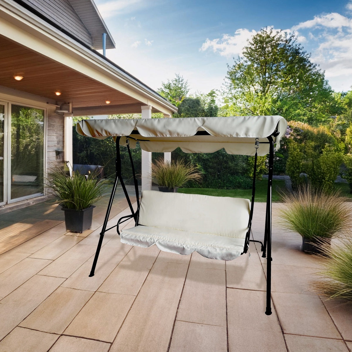  Northlight 3-Seater Outdoor Patio Swing With Adjustable Canopy - Cream - Cream - Bonton