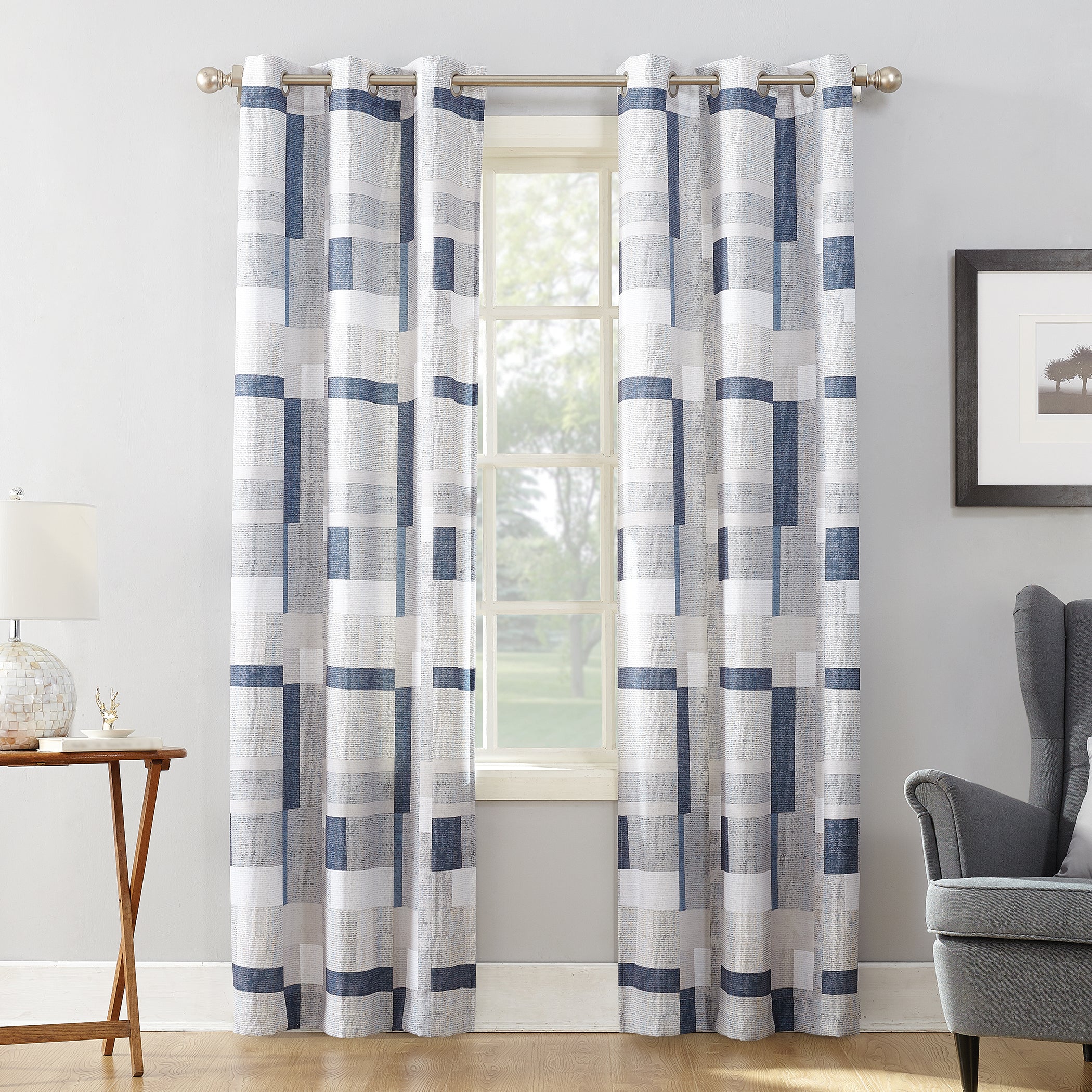  No. 918 Valerie Blockade Geometric Blocks Semi-Sheer Grommet Curtain Panel - Navy - Bonton