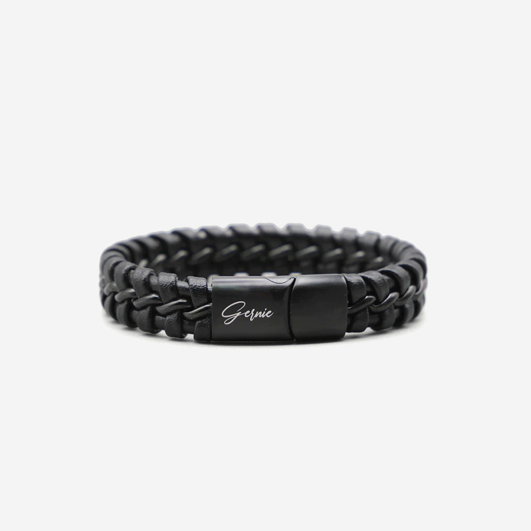  Gernie NYC Men's Genuine Leather Braided Santa Monica Bracelet - Black & Silver - Bonton