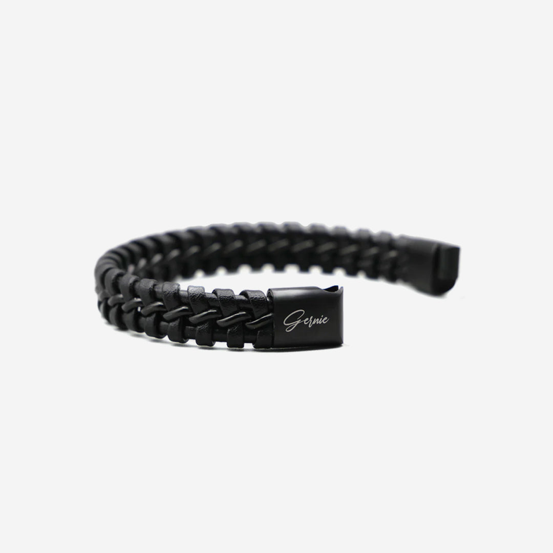  Gernie NYC Men's Genuine Leather Braided Santa Monica Bracelet - Black & Silver - Bonton