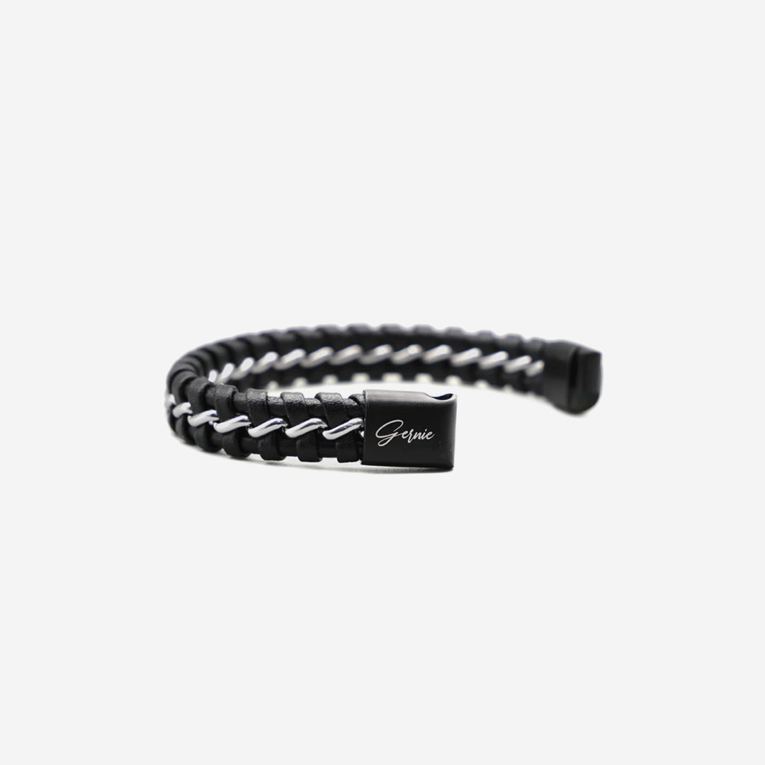  Gernie NYC Men's Genuine Leather Braided Santa Monica Bracelet - Black & Silver - Bonton