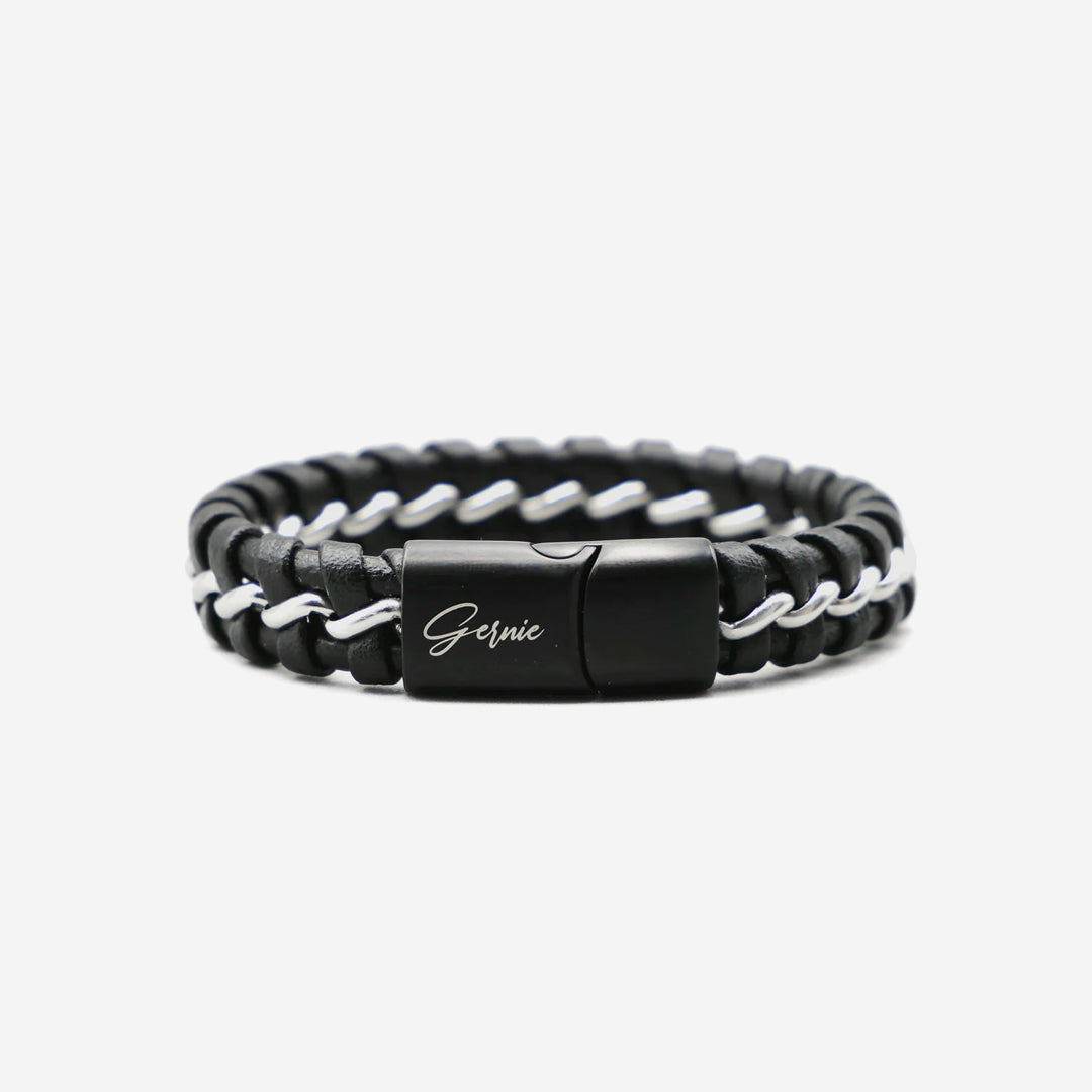  Gernie NYC Men's Genuine Leather Braided Santa Monica Bracelet - Black & Silver - Bonton