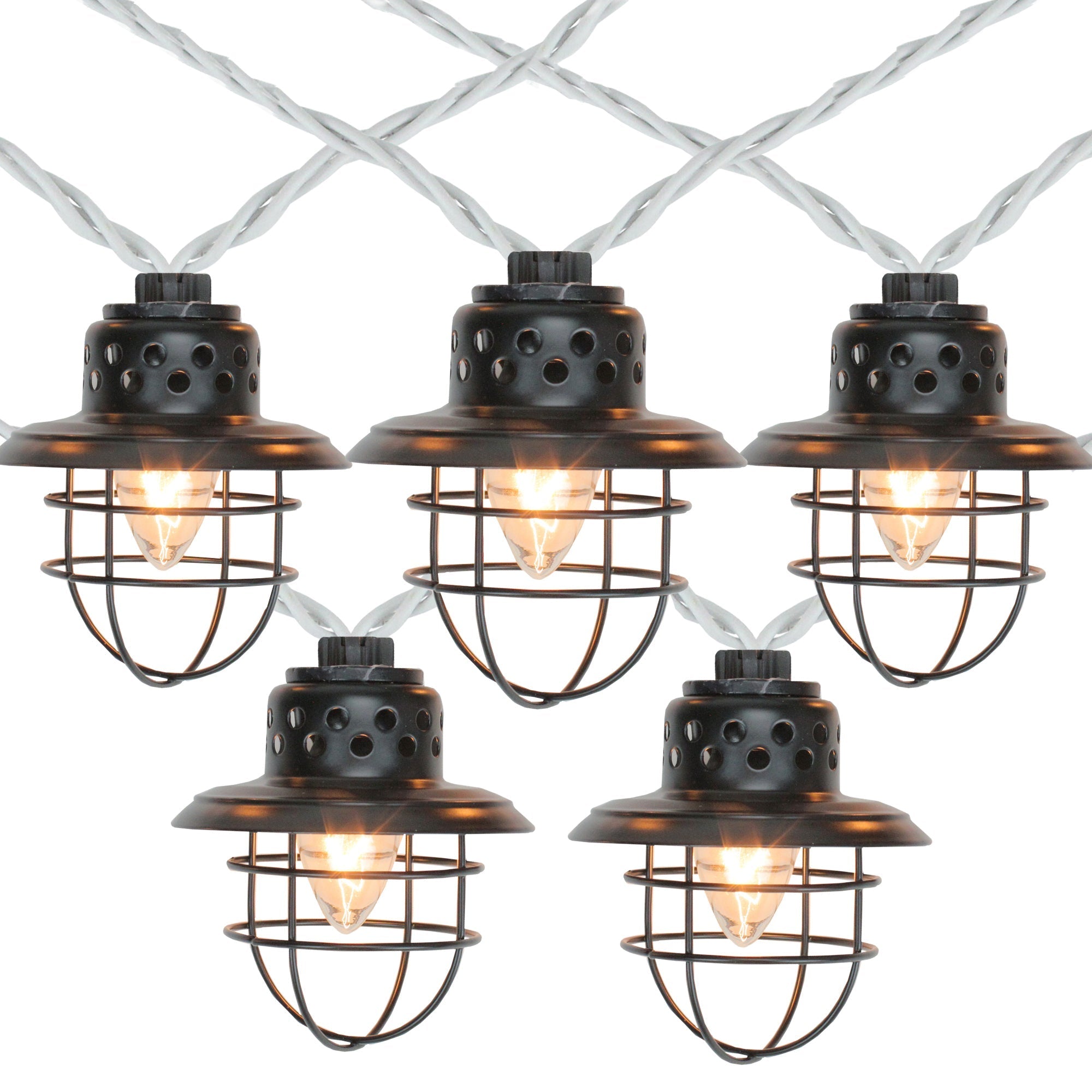  10-Count Black Caged Fisherman Lantern Patio String Light Set 9' White Wire - Black - Bonton