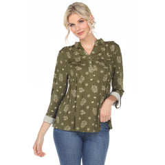 Women's Pleated Long Sleeve Leaf Print Blouse