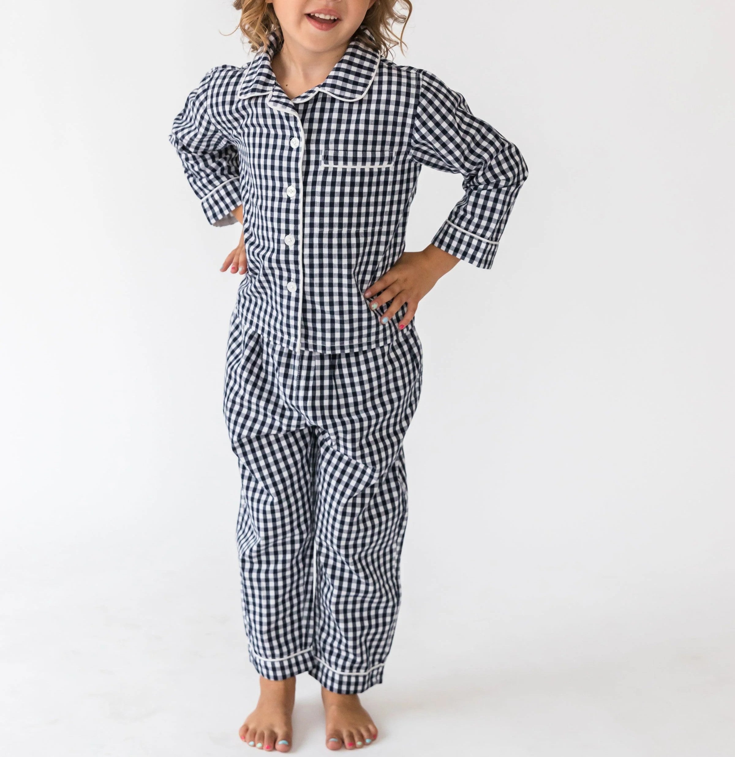  Alto Modas Kidâ€™s Navy Gingham Long Sleeve Shirt & Pant Lounge Set - Navy Gingham - Bonton