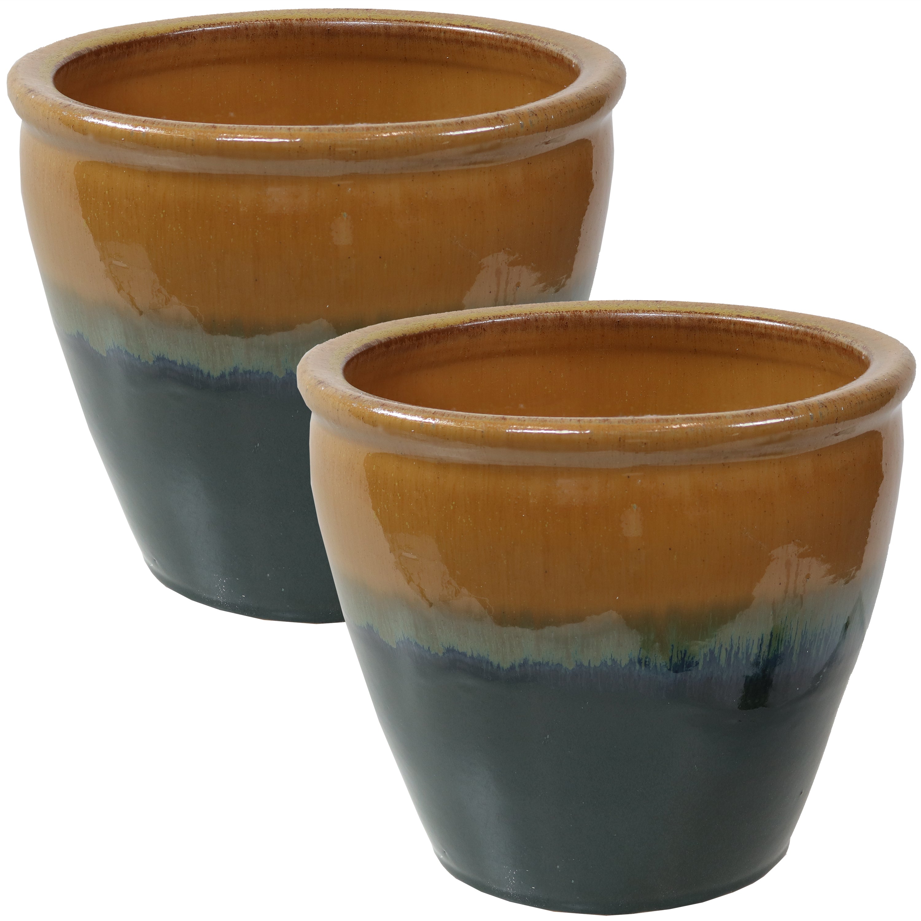  Sunnydaze Decor Chalet UV and Frost-Resistant Ceramic Flower Pots with Drainage Holes Set of 2 - Forest Lake Green - Bonton