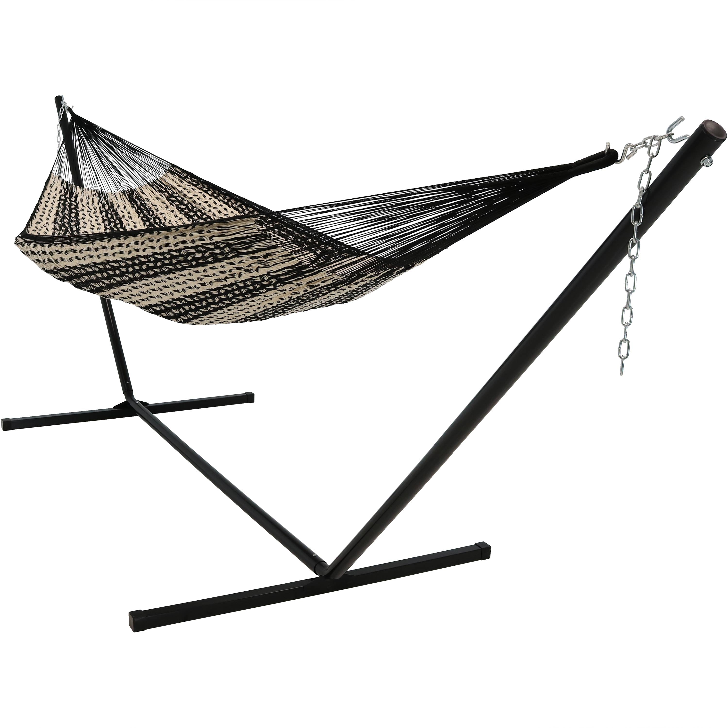  Sunnydaze Decor Mayan Family Hammock Hand-Woven with Stand - 400 lb Weight Capacity - Black/Natural - Bonton