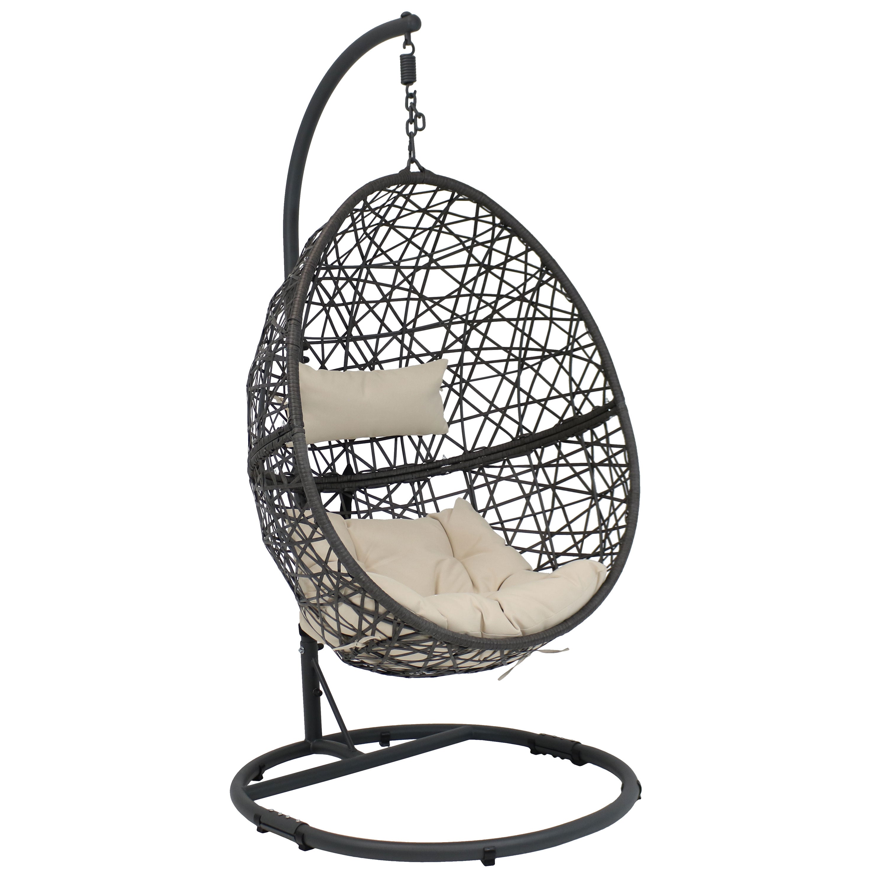  Sunnydaze Decor Caroline Lounge Hanging Basket Egg Chair Swing with Cushions and Stand 3 Piece Set - Beige - Bonton