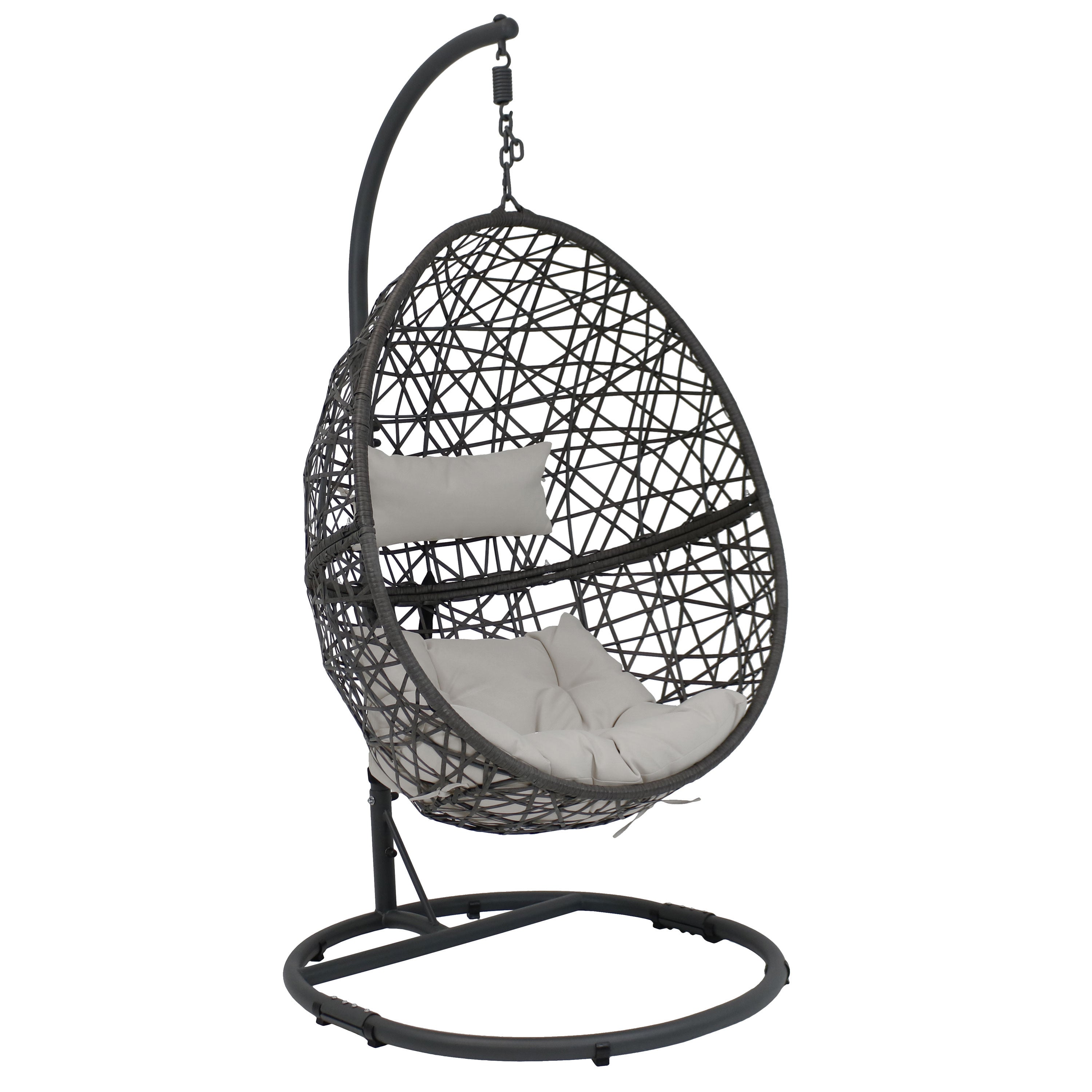  Sunnydaze Decor Caroline Lounge Hanging Basket Egg Chair Swing with Cushions and Stand 3 Piece Set - Gray - Bonton