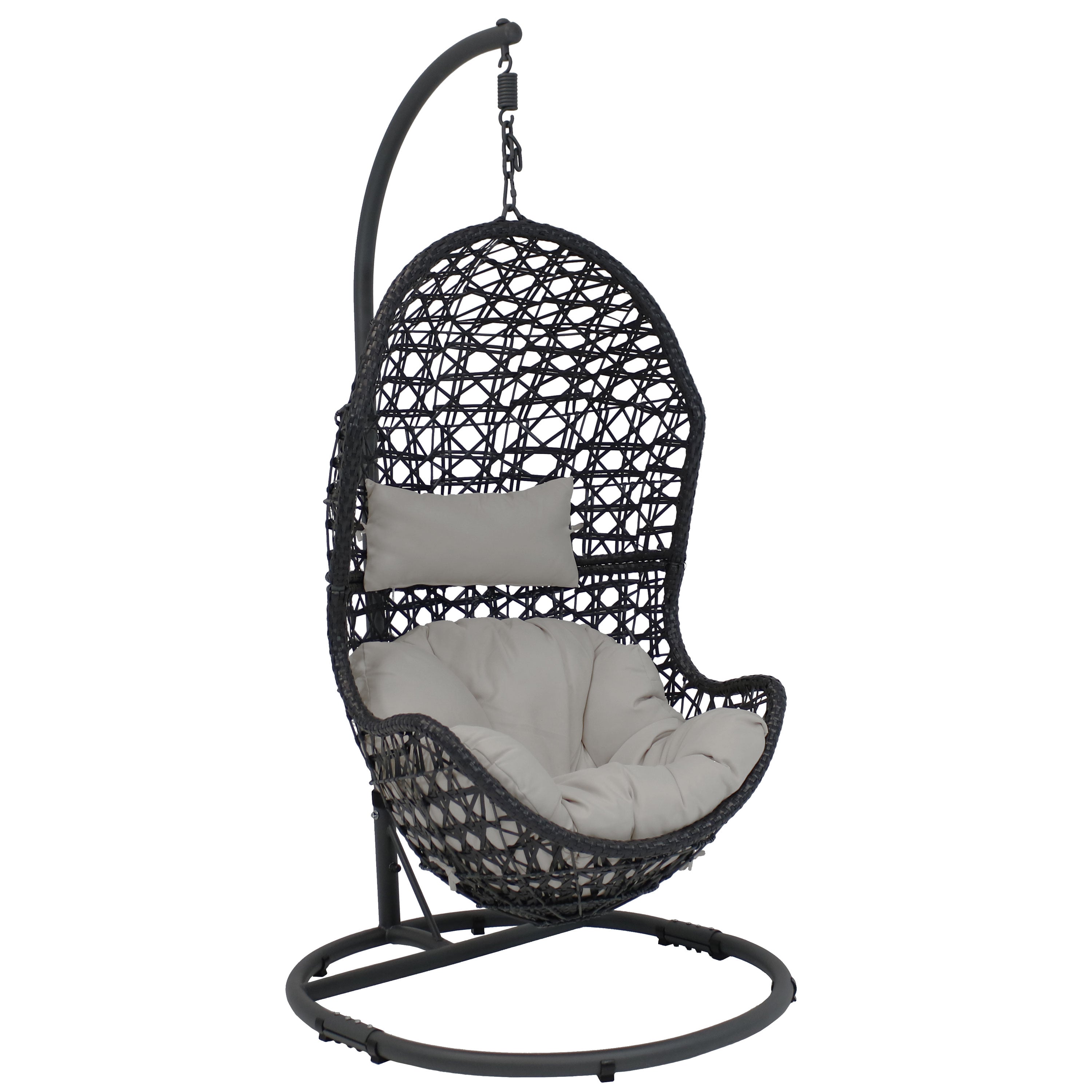  Sunnydaze Decor Cordelia Hanging Basket Egg Chair Swing with Cushion, Headrest, and Stand 3 Piece Set - Gray - Bonton