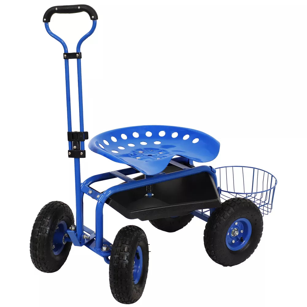  Sunnydaze Decor Garden Heavy-Duty Steel Rolling Gardening Cart with Extendable Steer Handle, Swivel Chair, Tool Tray, and Basket - Blue - Bonton