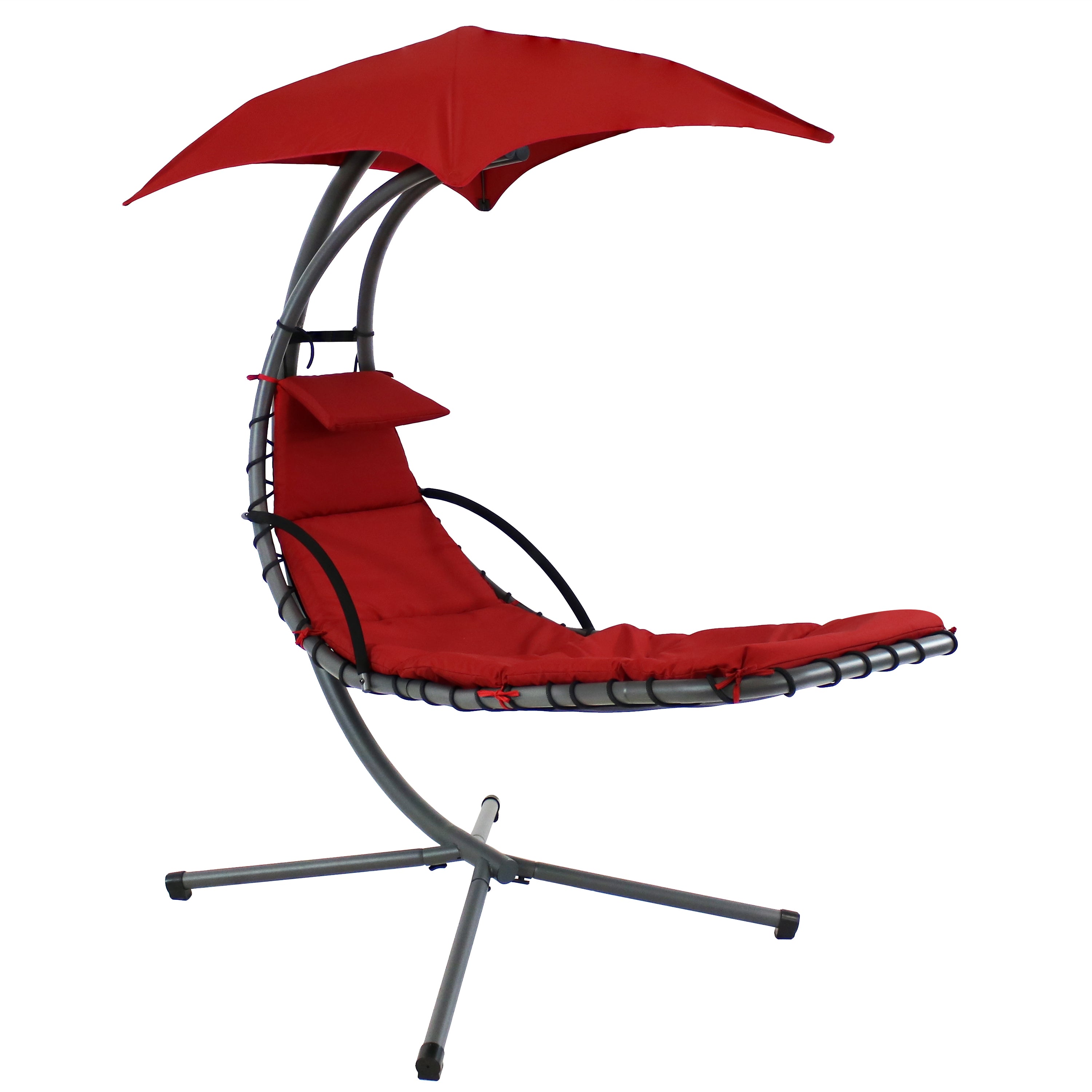  Sunnydaze Decor Hanging Chaise Floating Lounge Chair with Canopy Umbrella and Stand - Red - Bonton