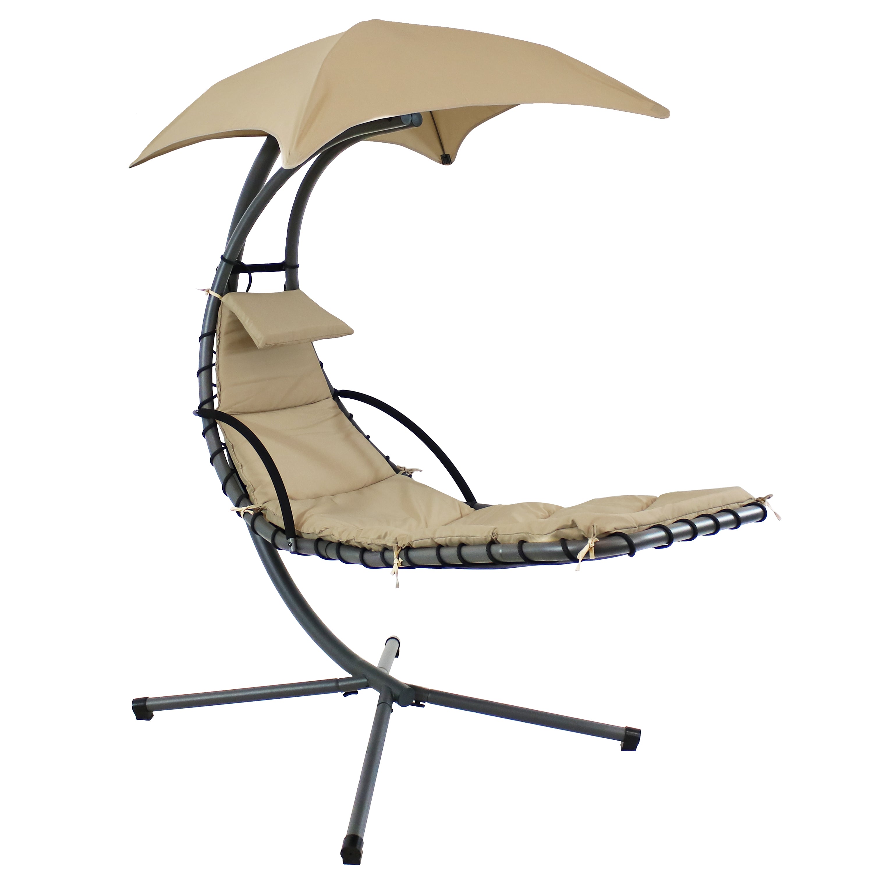  Sunnydaze Decor Hanging Chaise Floating Lounge Chair with Canopy Umbrella and Stand - Beige - Bonton