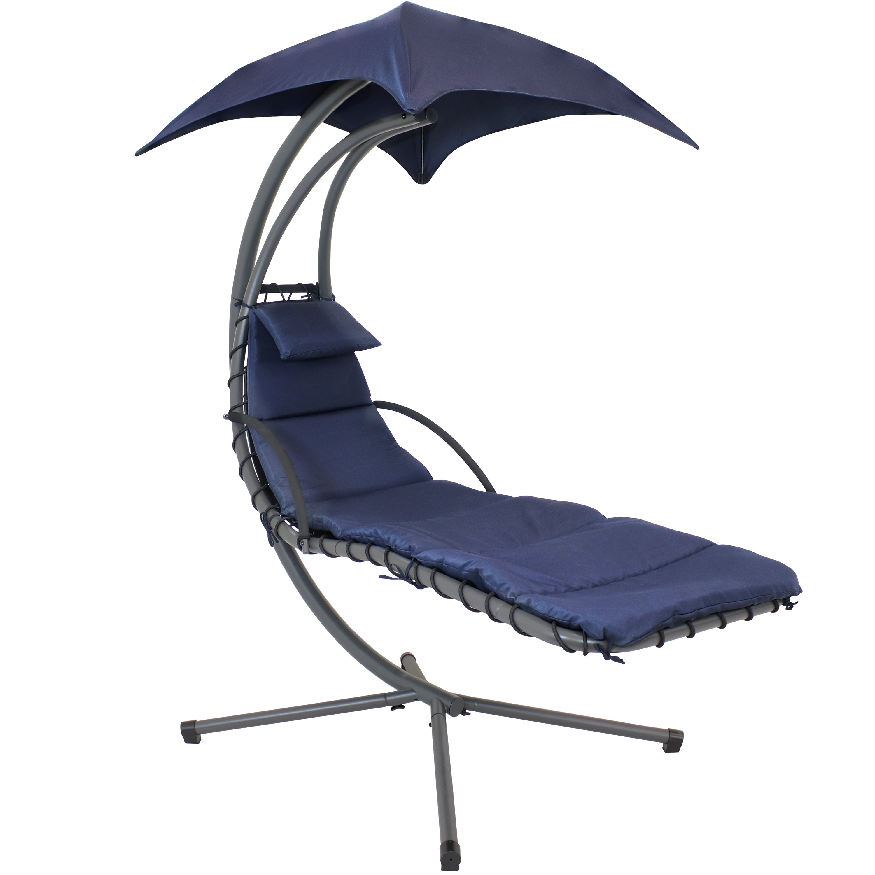  Sunnydaze Decor Hanging Chaise Floating Lounge Chair with Canopy Umbrella and Stand - Navy Blue - Bonton