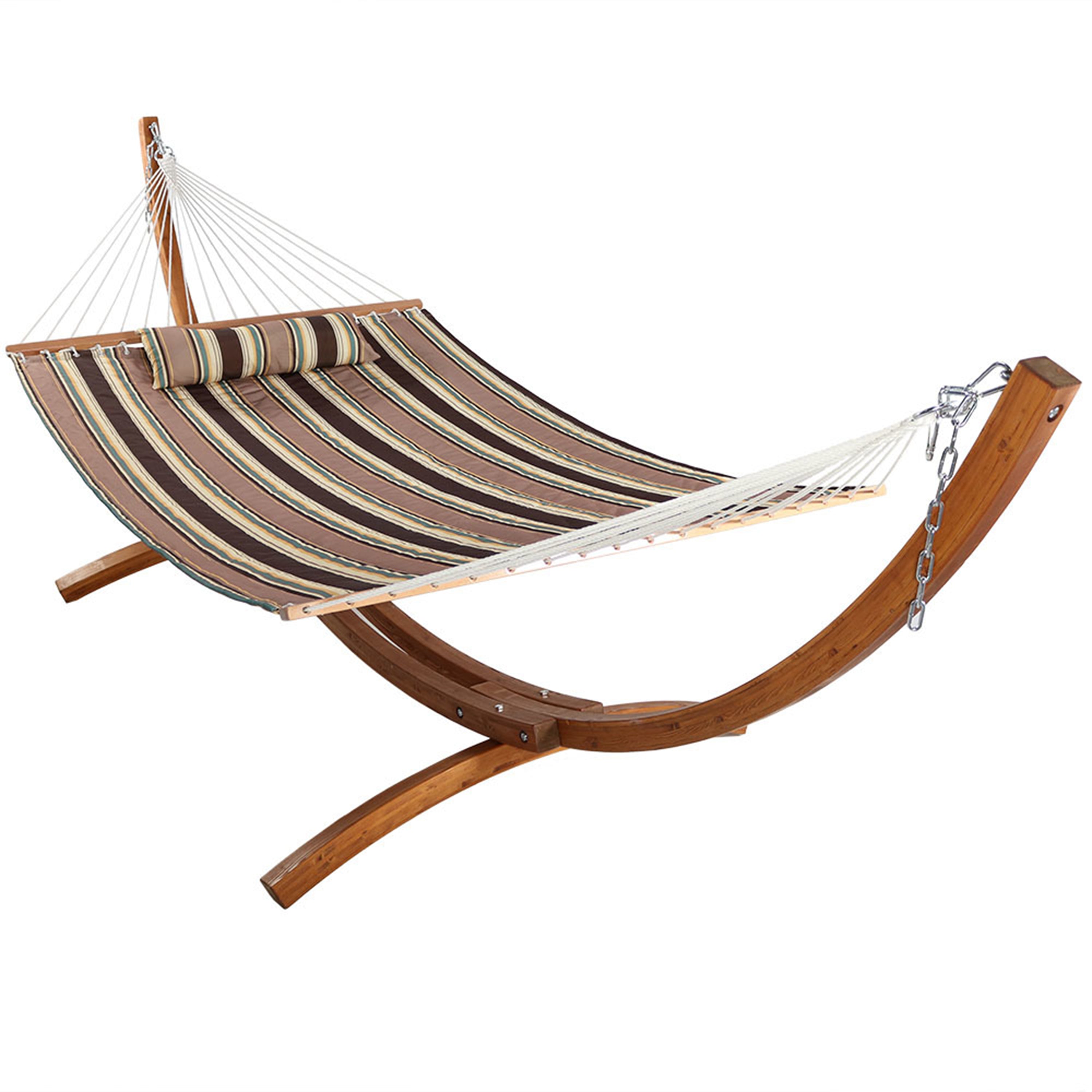  Sunnydaze Decor Quilted Double Fabric 2-Person Hammock with Curved Arc Wood Stand - 400 lb Weight Capacity/12' Stand - Sandy Beach - Bonton