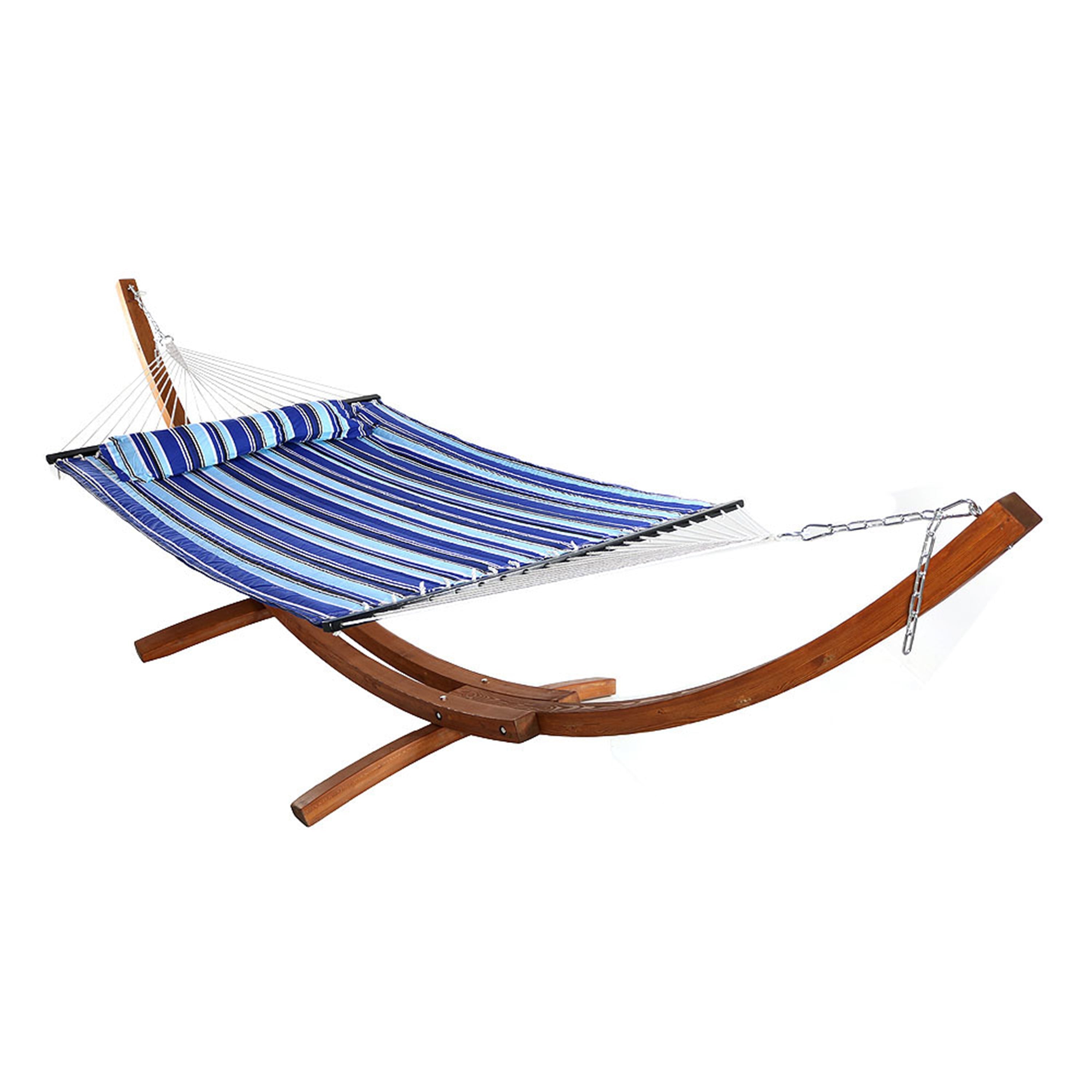  Sunnydaze Decor Quilted Double Fabric 2-Person Hammock with Curved Arc Wood Stand - 400 lb Weight Capacity/12' Stand - Catalina Beach - Bonton