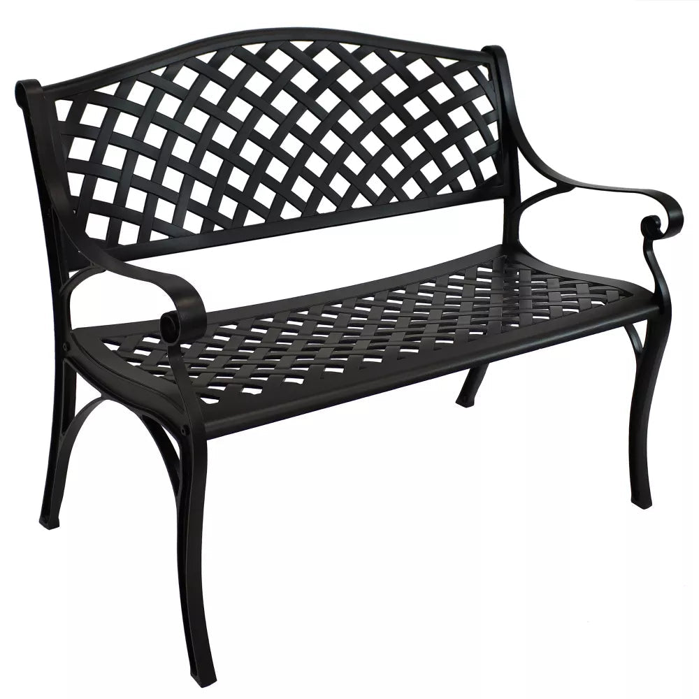  Sunnydaze Decor 2-Person Checkered Design Cast Aluminum Patio Bench, Black - Black - Bonton