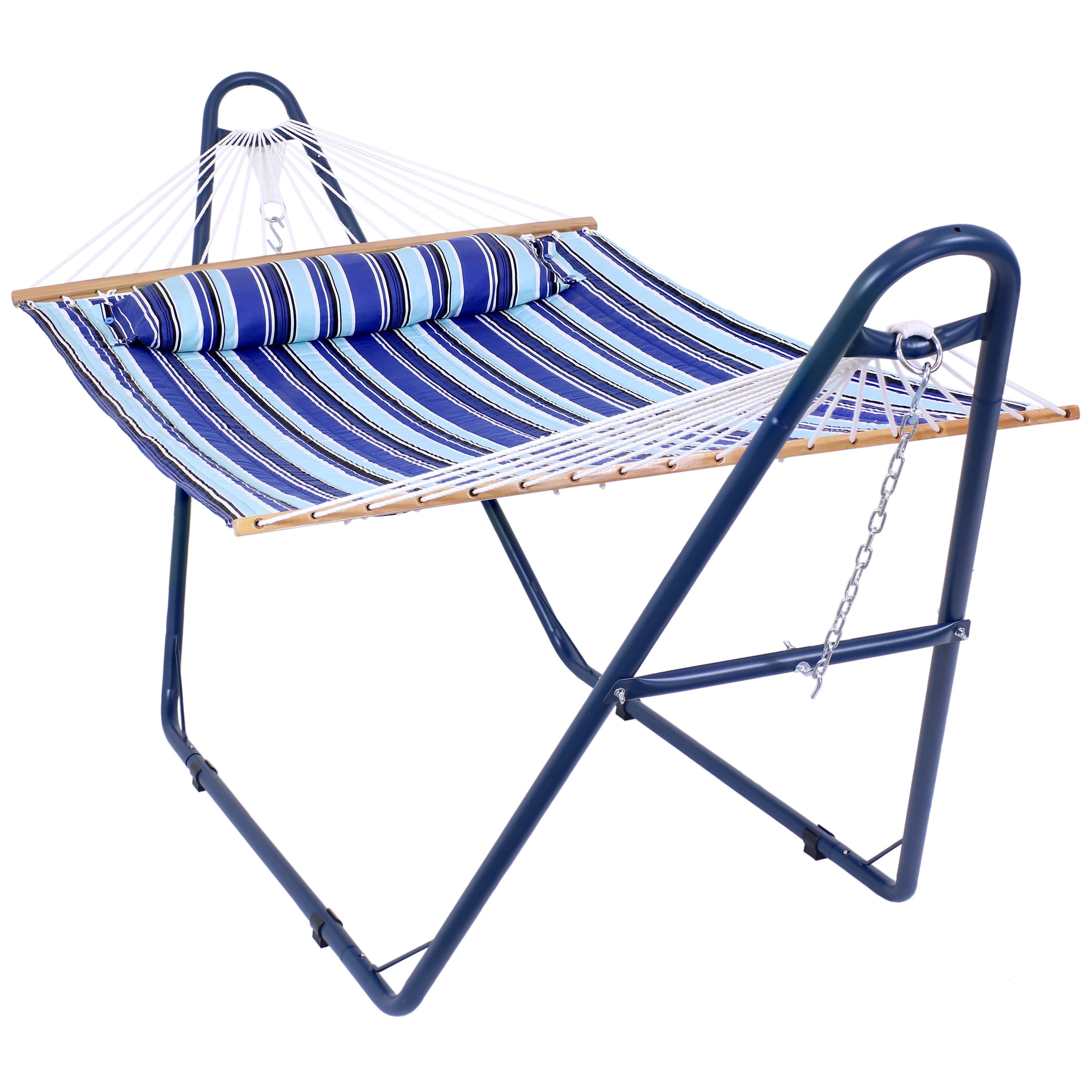  Sunnydaze Decor 2-Person Double Polyester Quilted Hammock with Wood Spreader Bar and Matte Blue Steel Multi-Use Stand - Catalina Beach - Light Blue - Bonton