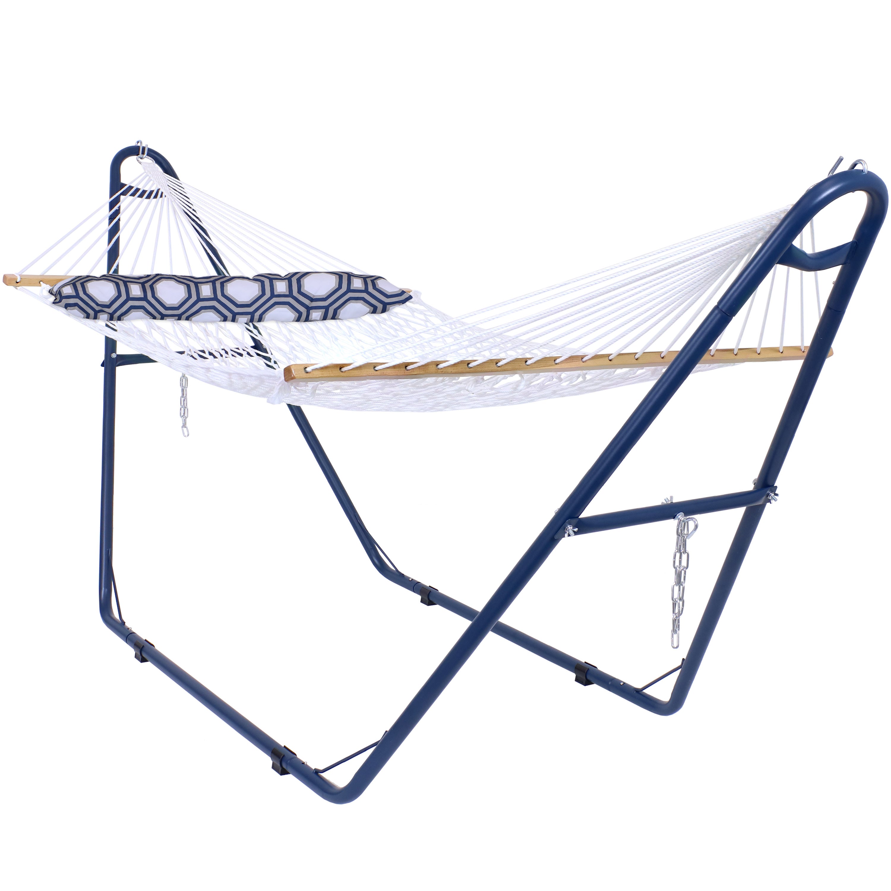  Sunnydaze Decor 2-Person Double Polyester Rope Hammock with Wood Spreader Bar and Matte Blue Steel Multi-Use Stand - White - Bonton