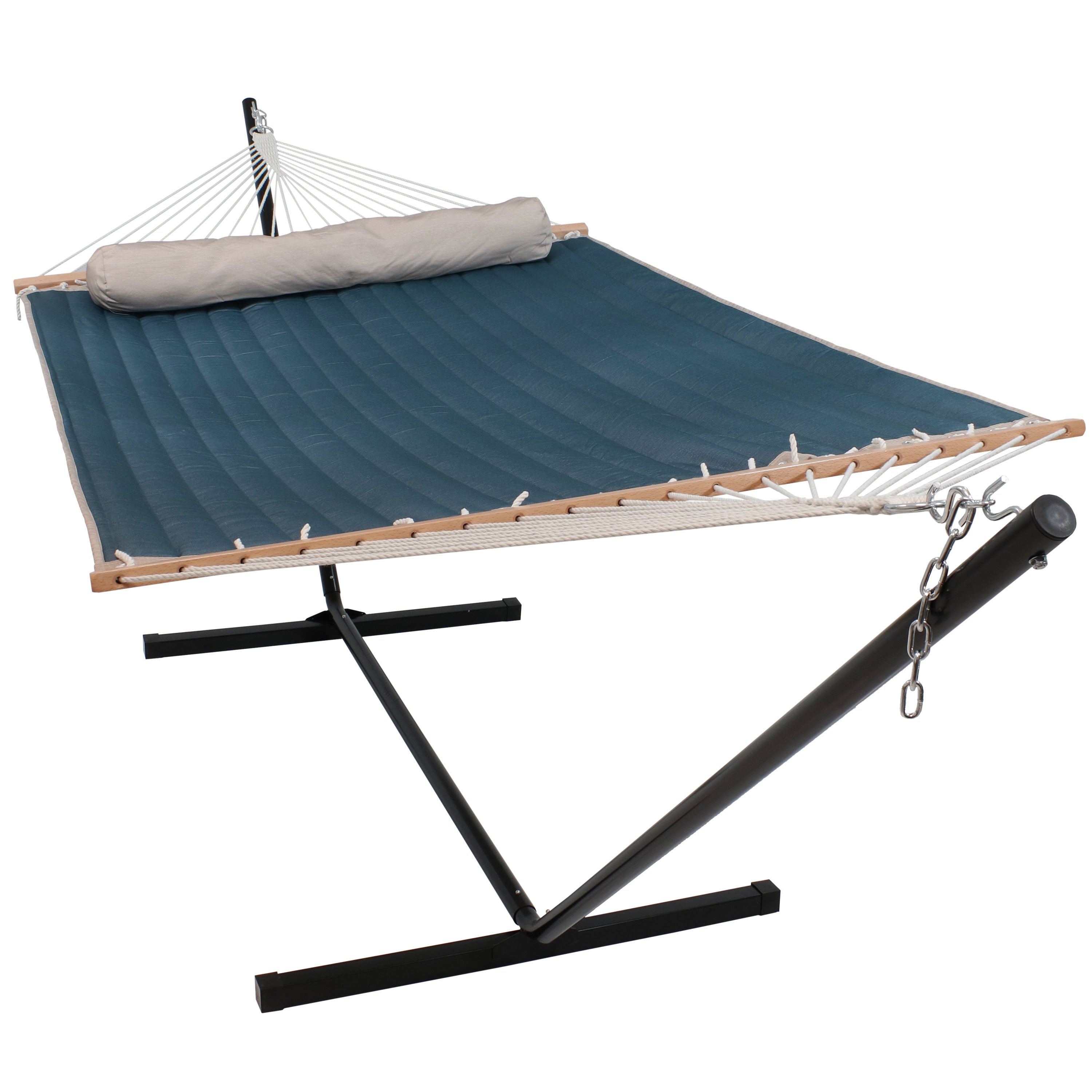  Sunnydaze Decor 2-Person Quilted Fabric Hammock with Spreader Bars with Freestanding Stand and Detachable Pillow - 350 lb Capacity - Tidal Wave - Blue - Bonton