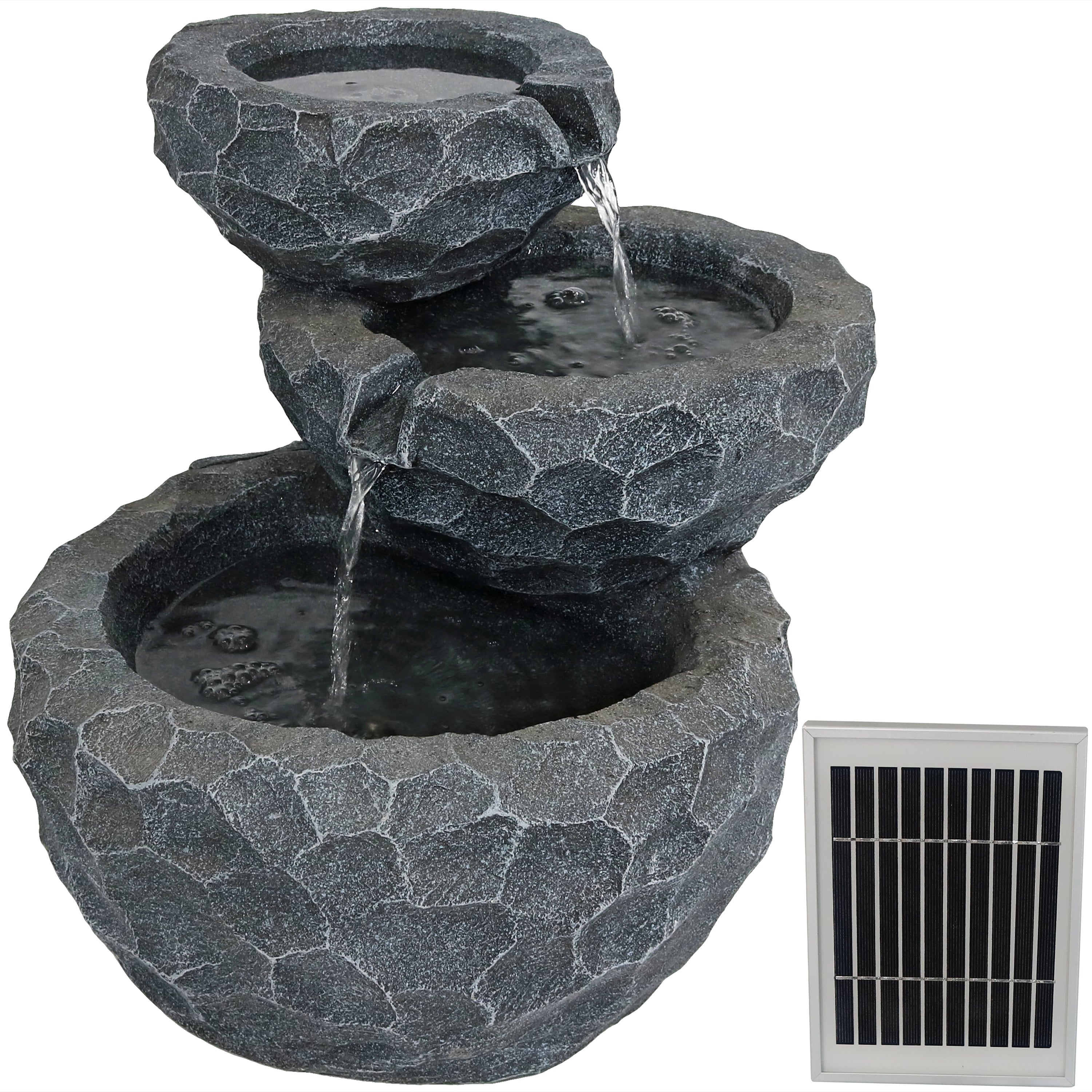  Sunnydaze Decor 3-Tier Chiseled Basin Solar Powered Water Fountain with Battery Backup and Submersible Pump - 22