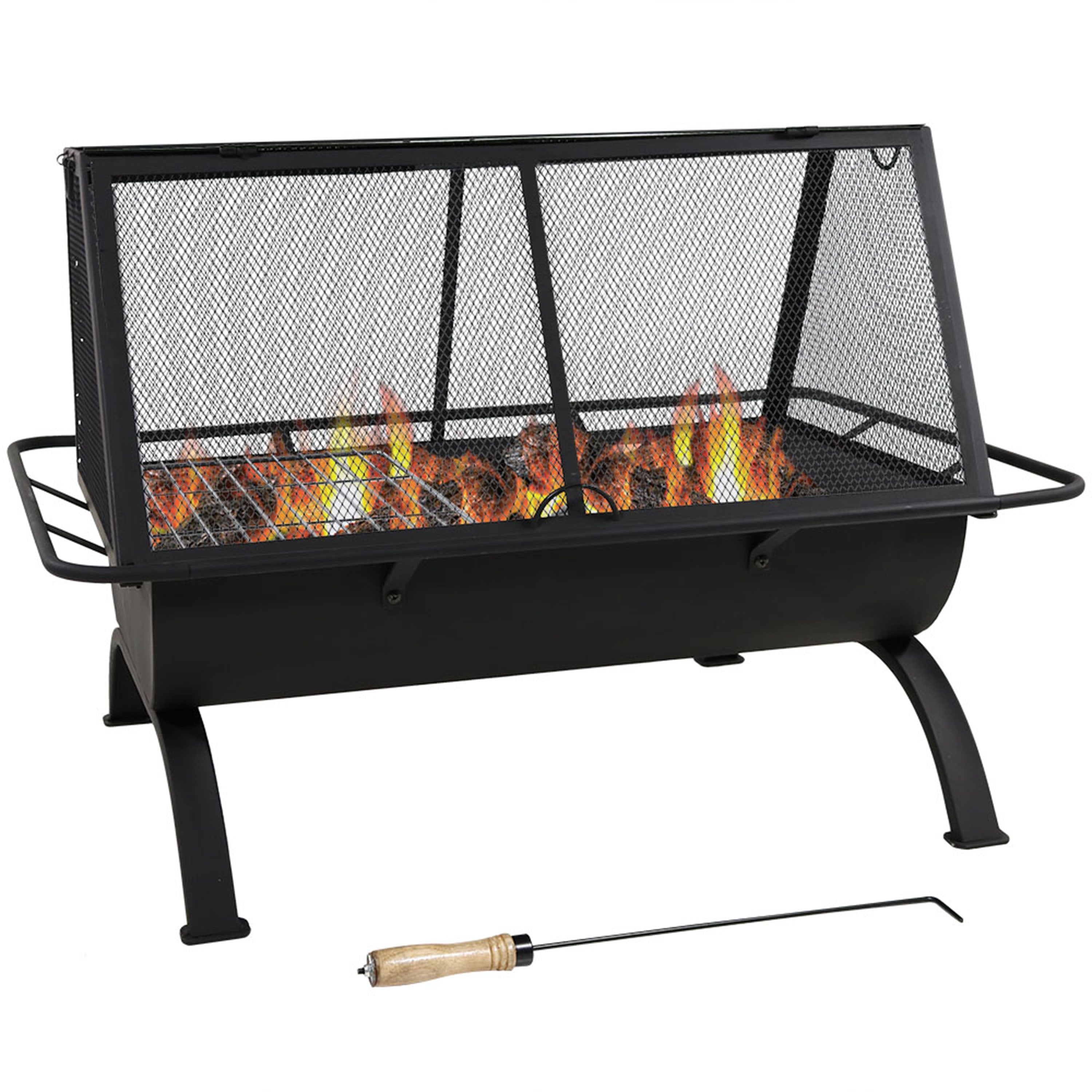  Sunnydaze Decor Camping or Backyard Rectangular Northland Fire Pit with Cooking Grill Grate, Spark Screen, Log Poker, and Fire Pit Cover - 36