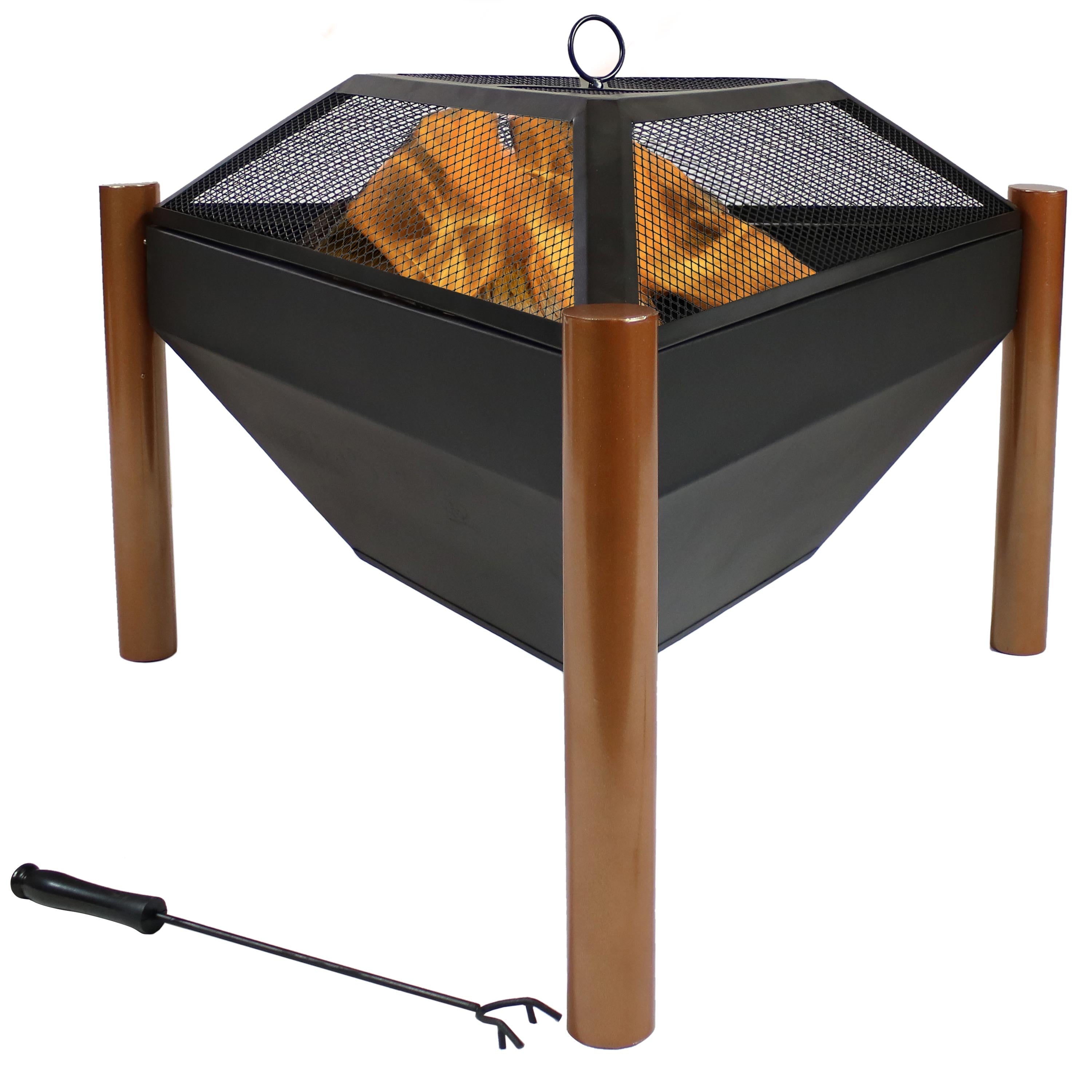  Sunnydaze Decor Camping or Backyard Steel Triangle Fire Pit with Wood Grate, Log Poker, and Spark Screen - 31