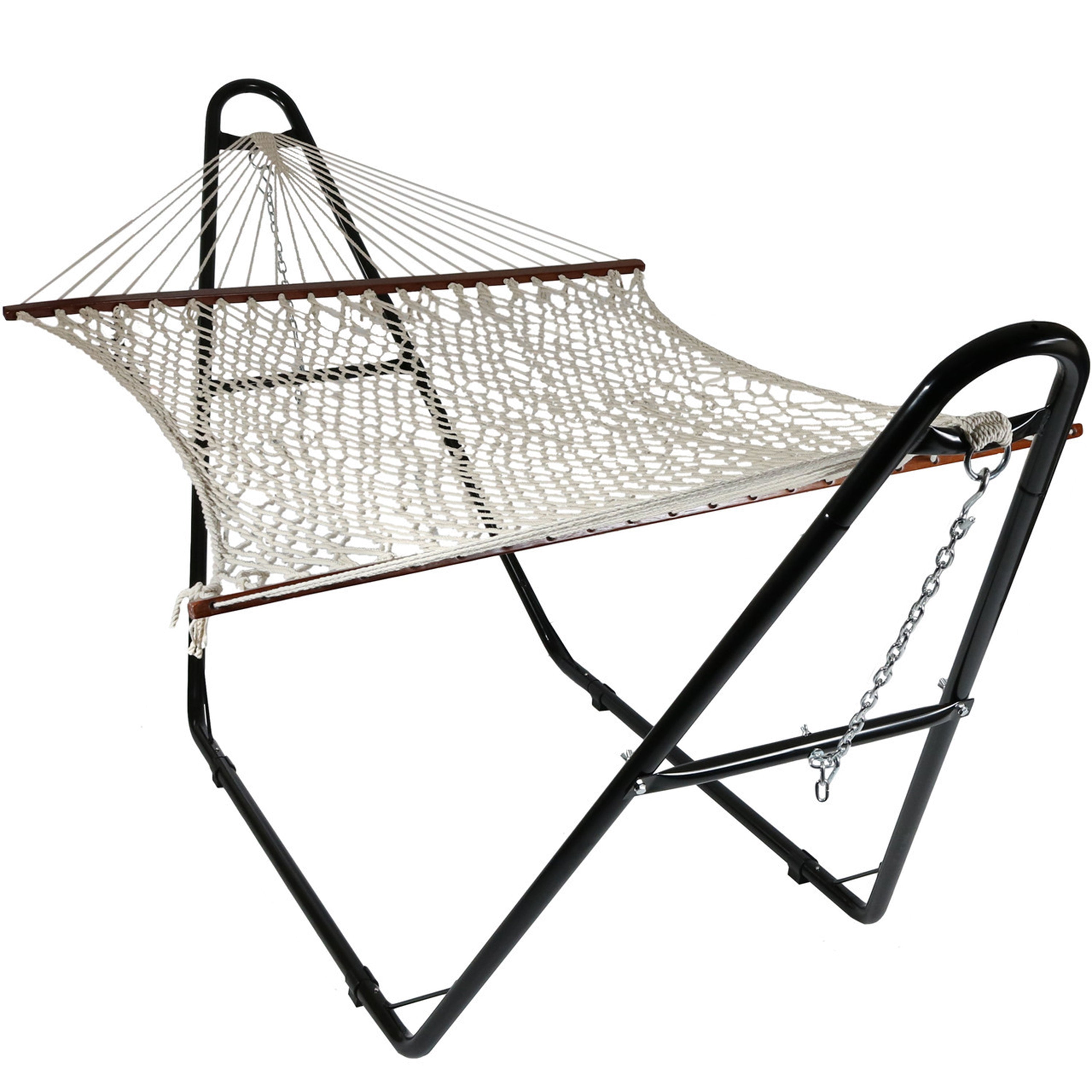  Sunnydaze Decor Cotton Double Wide 2-Person Rope Hammock with Spreader Bars and Multi-Use Steel Stand - 450 lb Weight Capacity - White - Off-white - Bonton