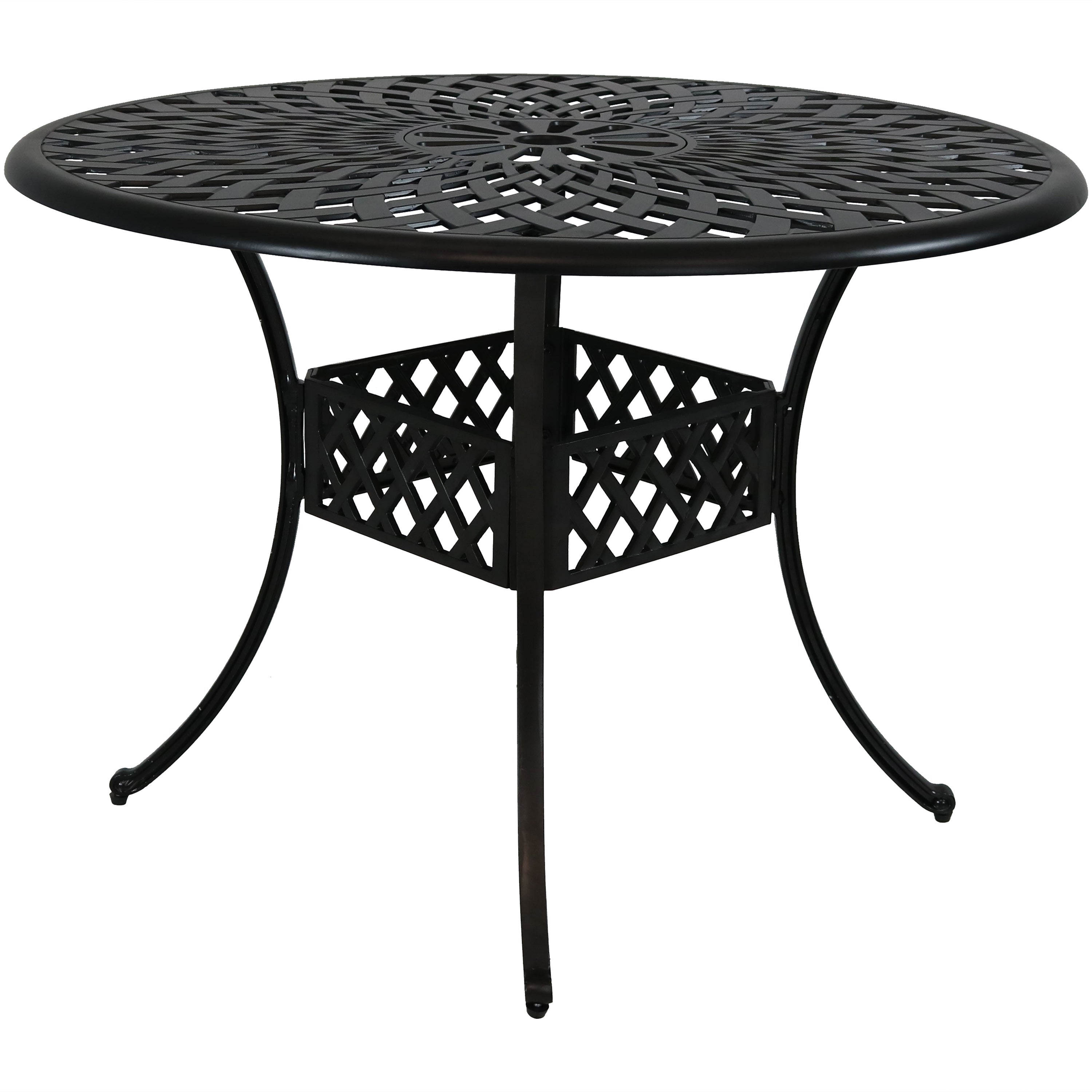  Sunnydaze Decor Crossweave Design Black Cast Aluminum Round Patio Dining Table with Umbrella Hole - Black - Bonton