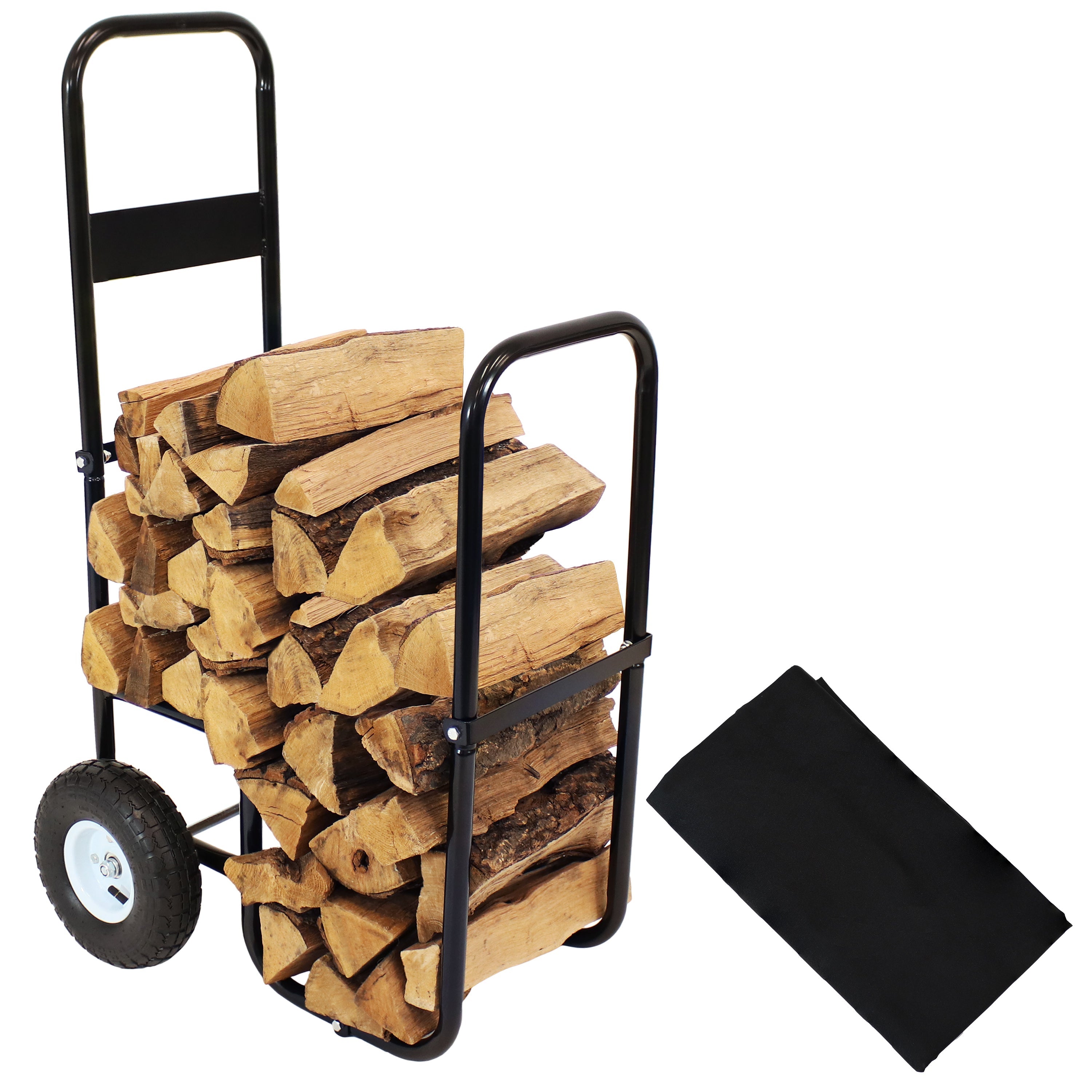  Sunnydaze Decor Firewood Log Rack Cart Carrier with Heavy-Duty Weather-Resistant Polyester Cover - Black - Black - Bonton