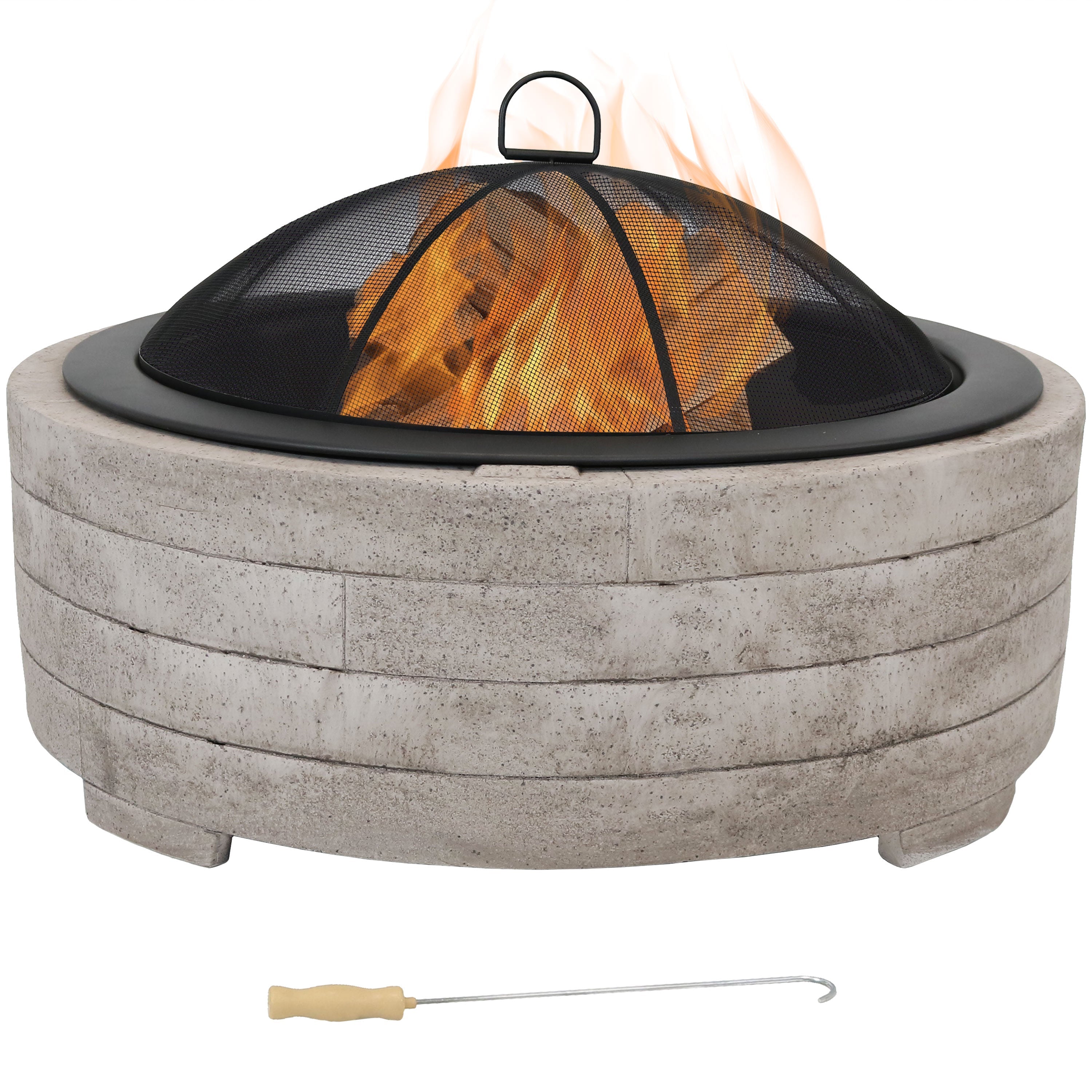  Sunnydaze Decor Large Round Faux Stone Fire Pit with Handles, Log Poker, and Spark Screen - 35