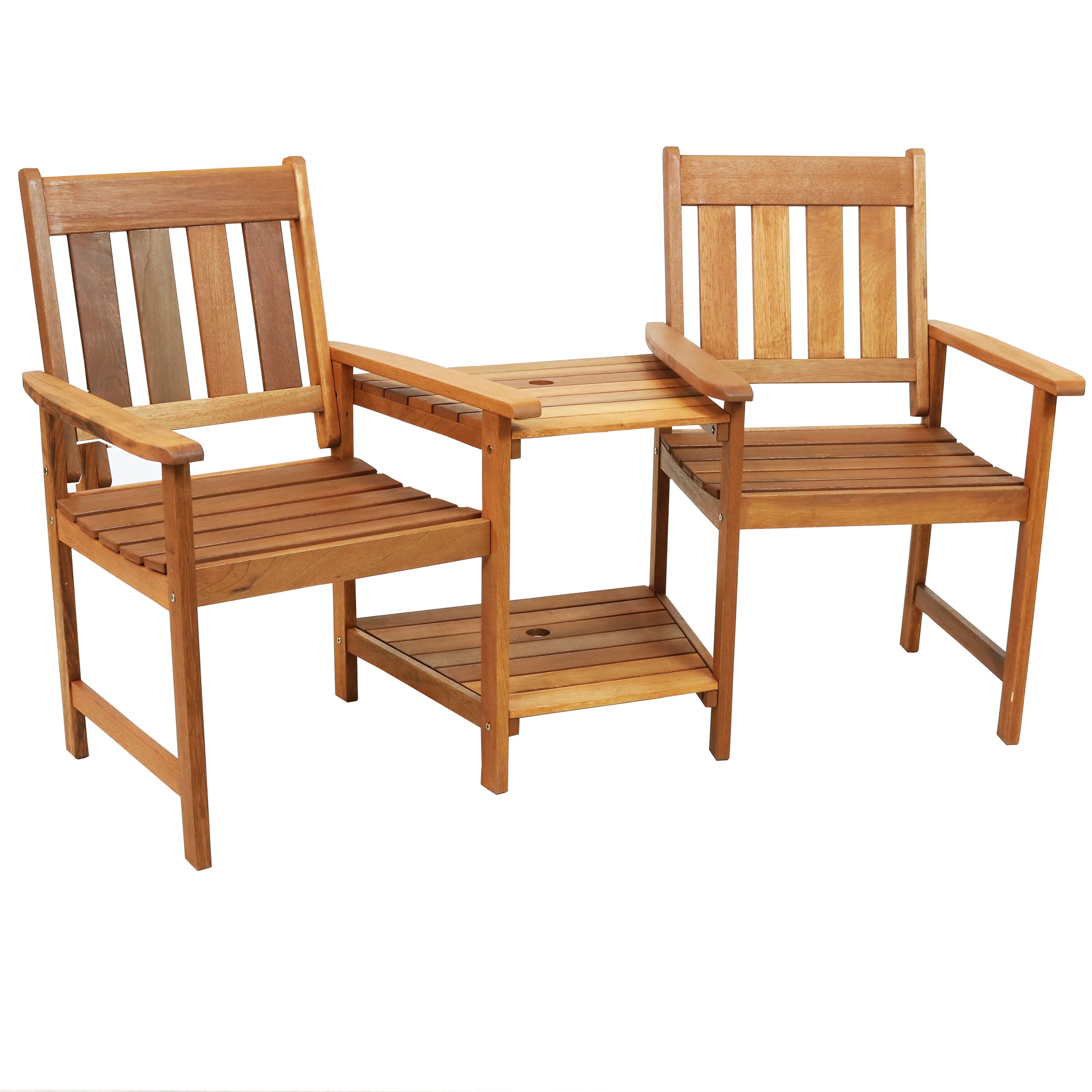  Sunnydaze Decor Meranti Wood with Teak Oil Finish Jack-and-Jill Patio Chairs with Attached Table - Brown - Bonton