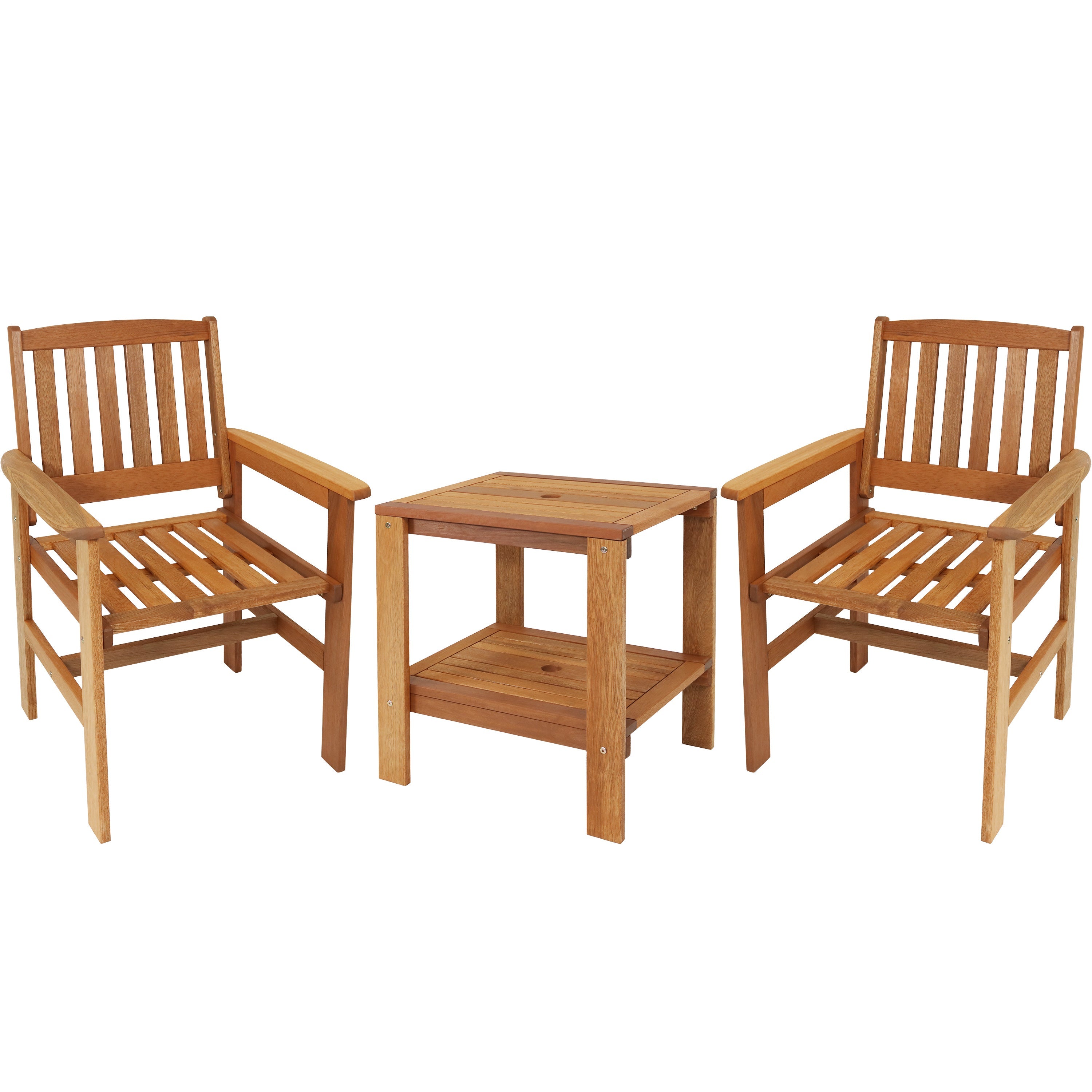  Sunnydaze Decor Meranti Wood with Teak Oil Finish Patio Table and Chairs Conversation Set - 3 Piece Set - Brown - Bonton