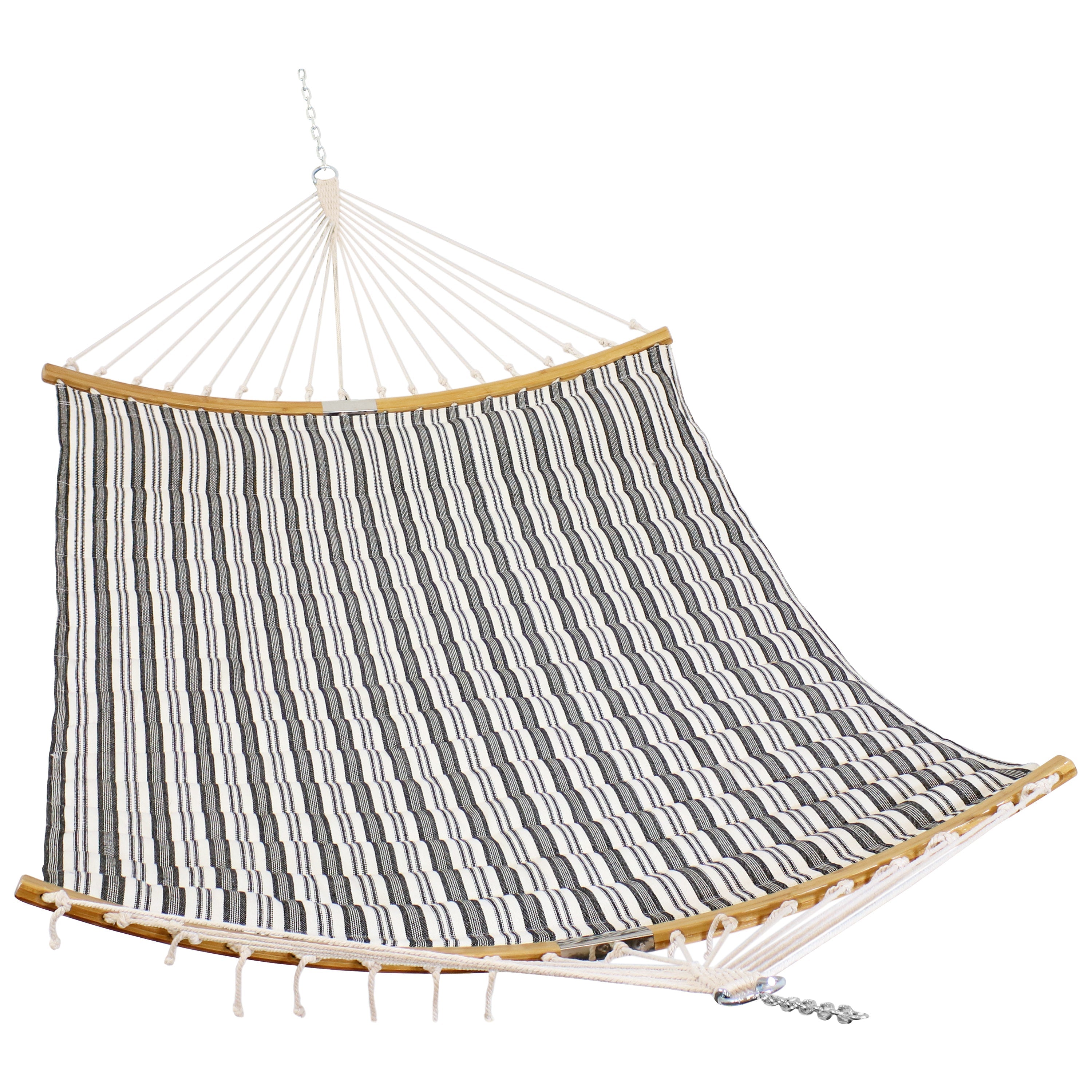  Sunnydaze Decor Polycotton 2-Person Hammock with Curved Bamboo Foldable Spreader Bars - 450 lb Weight Capacity - Neutral Stripe - Off-white - Bonton