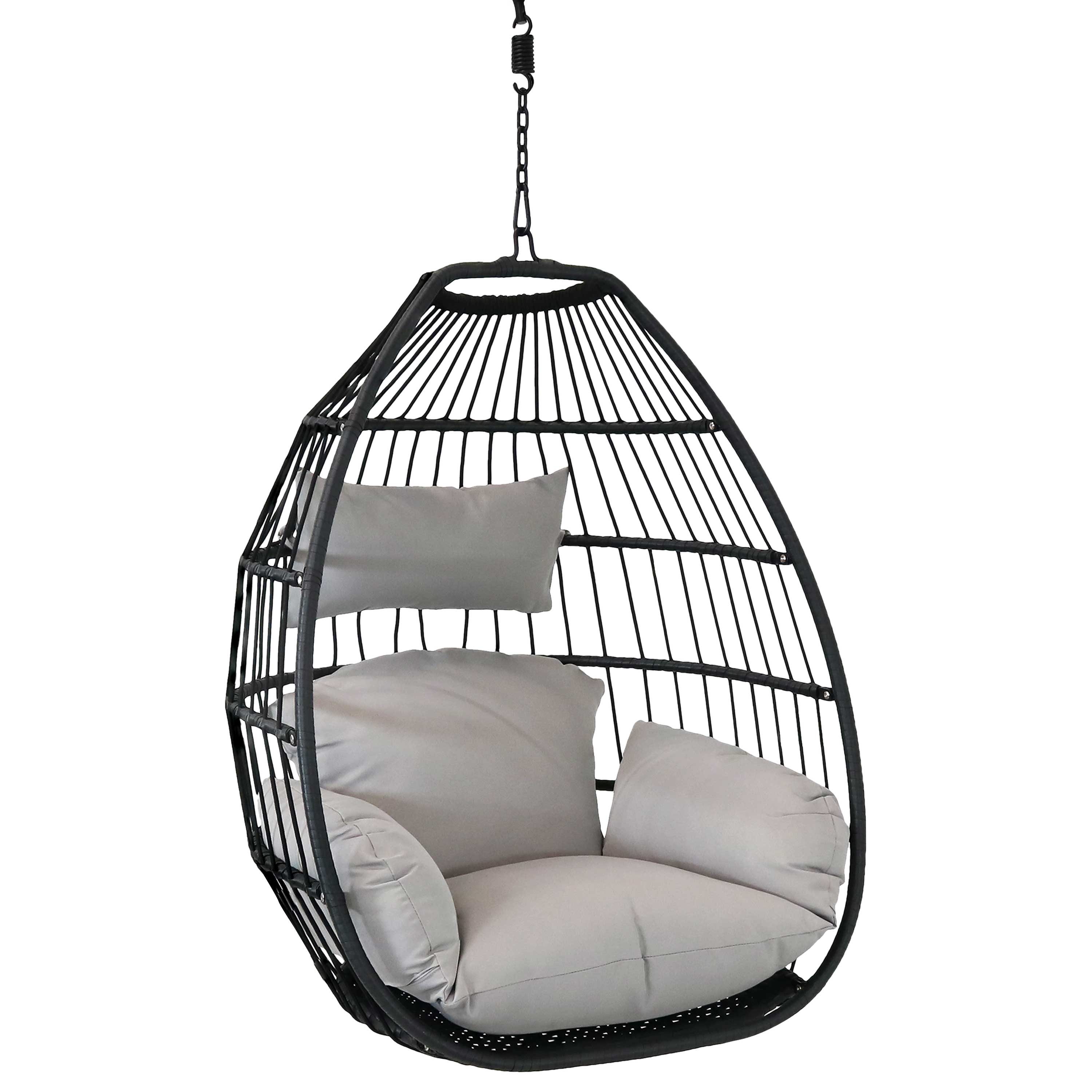  Sunnydaze Decor Resin Wicker Delaney Hanging Basket Egg Chair Swing with Cushions and Headrest - 2 Piece Set - Grey - Bonton