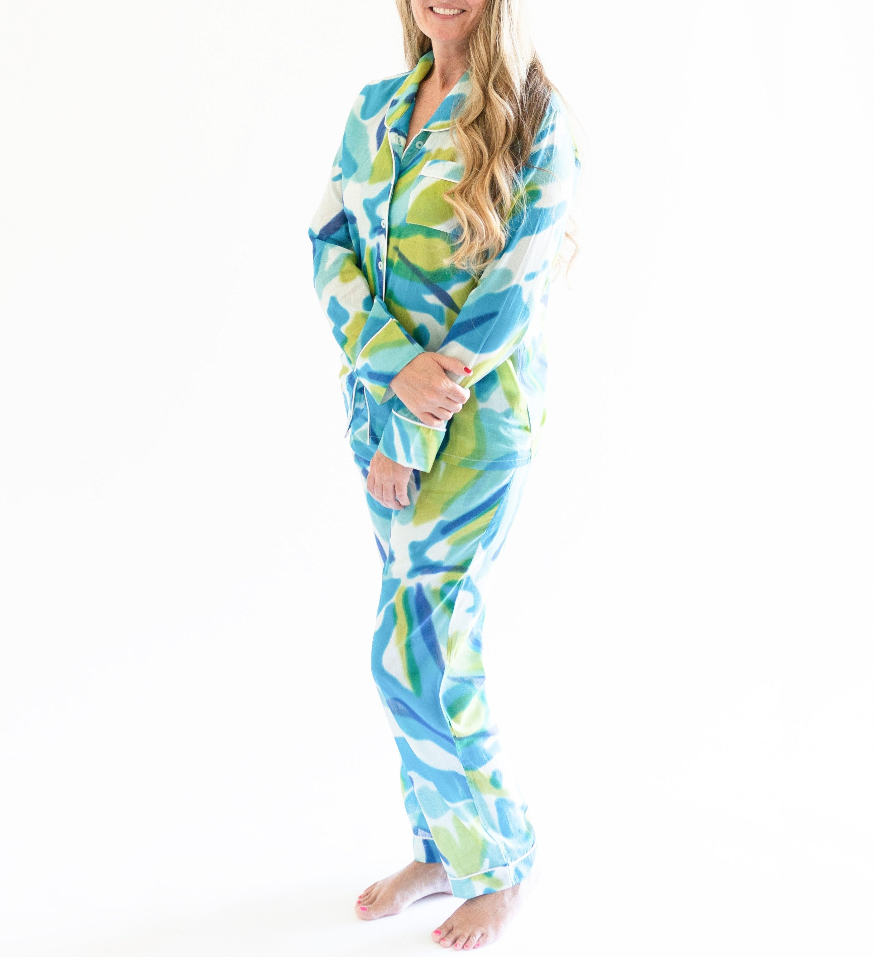  Alto Modas Myra Blue Tie-Dye Print Women's Nightwear Long Sleeve Shirt & Pajama Set - Tie-Dye Print - Bonton