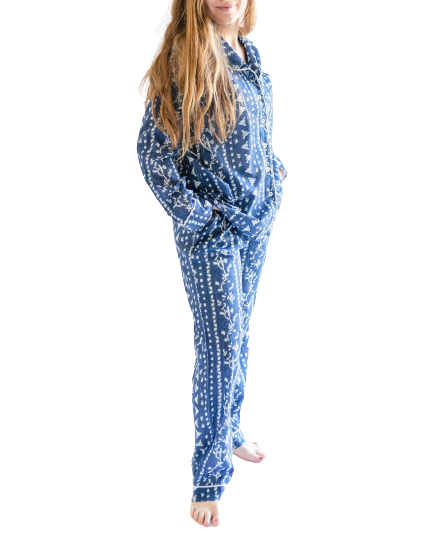  Alto Modas Myra Indigo Print Women's Nightwear Long Sleeve Shirt & Pajama Set - Indigo Print - Bonton