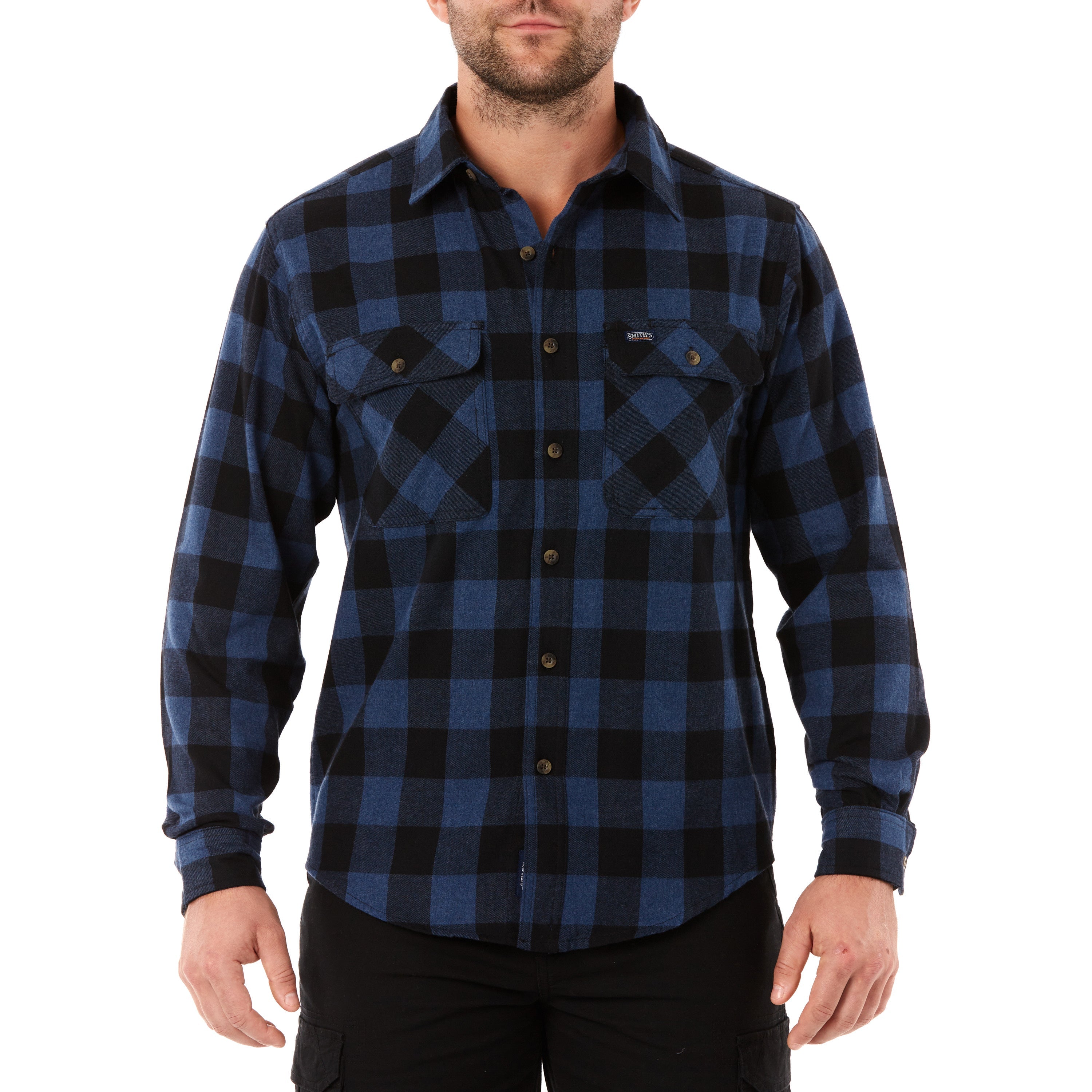  Smith's Workwear Two-Pocket Flannel Shirt - Heather Blue/Black-203 - Bonton