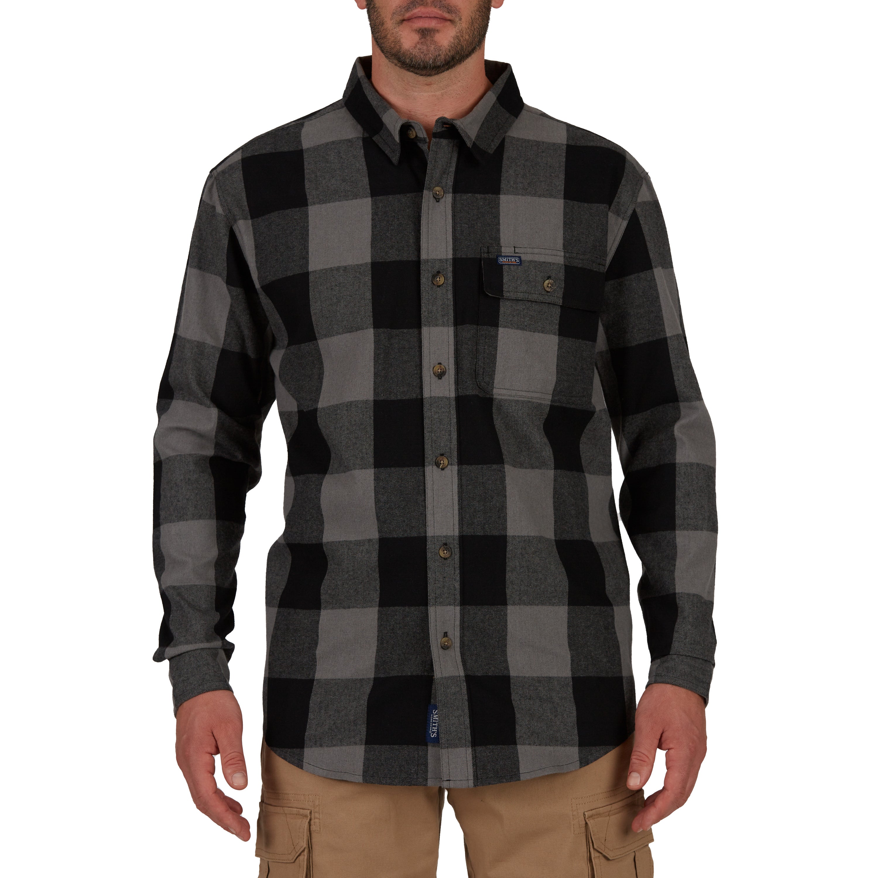  Smith's Workwear Pocket Flannel Button-Up Shirt - Grey/Black-503 - Bonton