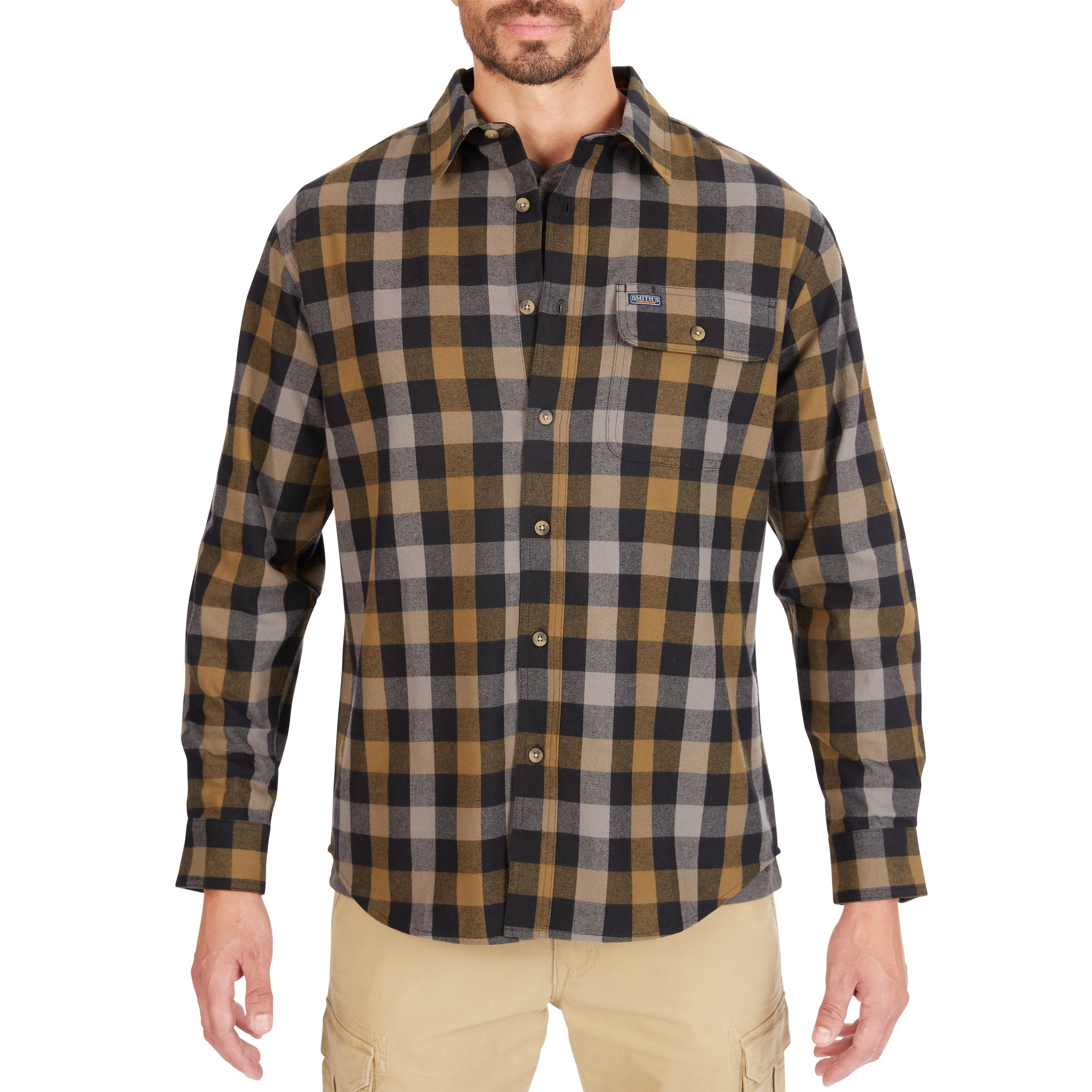  Smith's Workwear Plaid Pocket Flannel Button-Up Shirt - Warm Olive-352 - Bonton